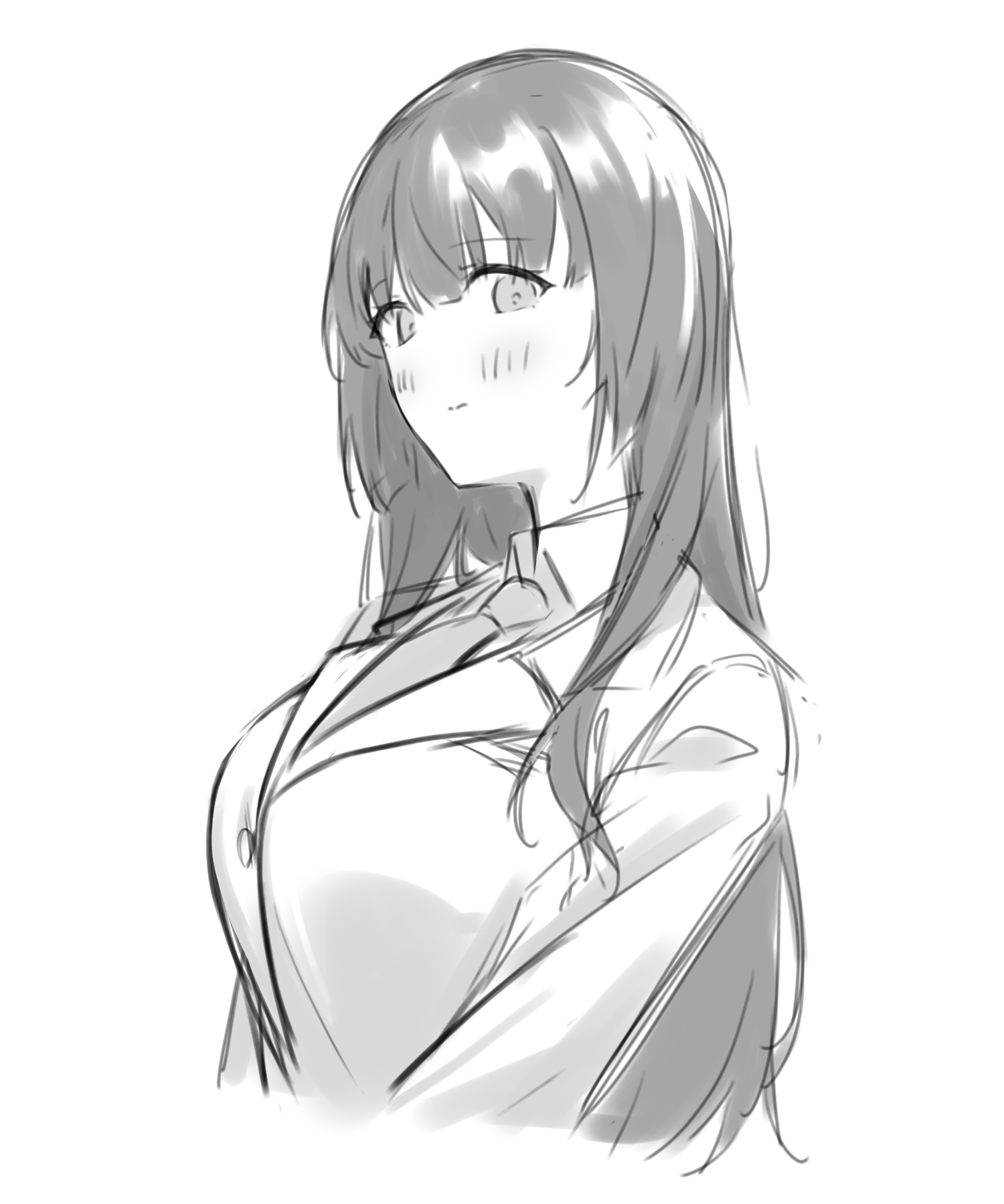 kanade (kanade 3344), shirokane rinko, bang dream!, commentary, highres, 1girl, blush, breasts, closed mouth, greyscale, jacket, large breasts, long hair, monochrome, necktie, simple background, solo, upper body, white background