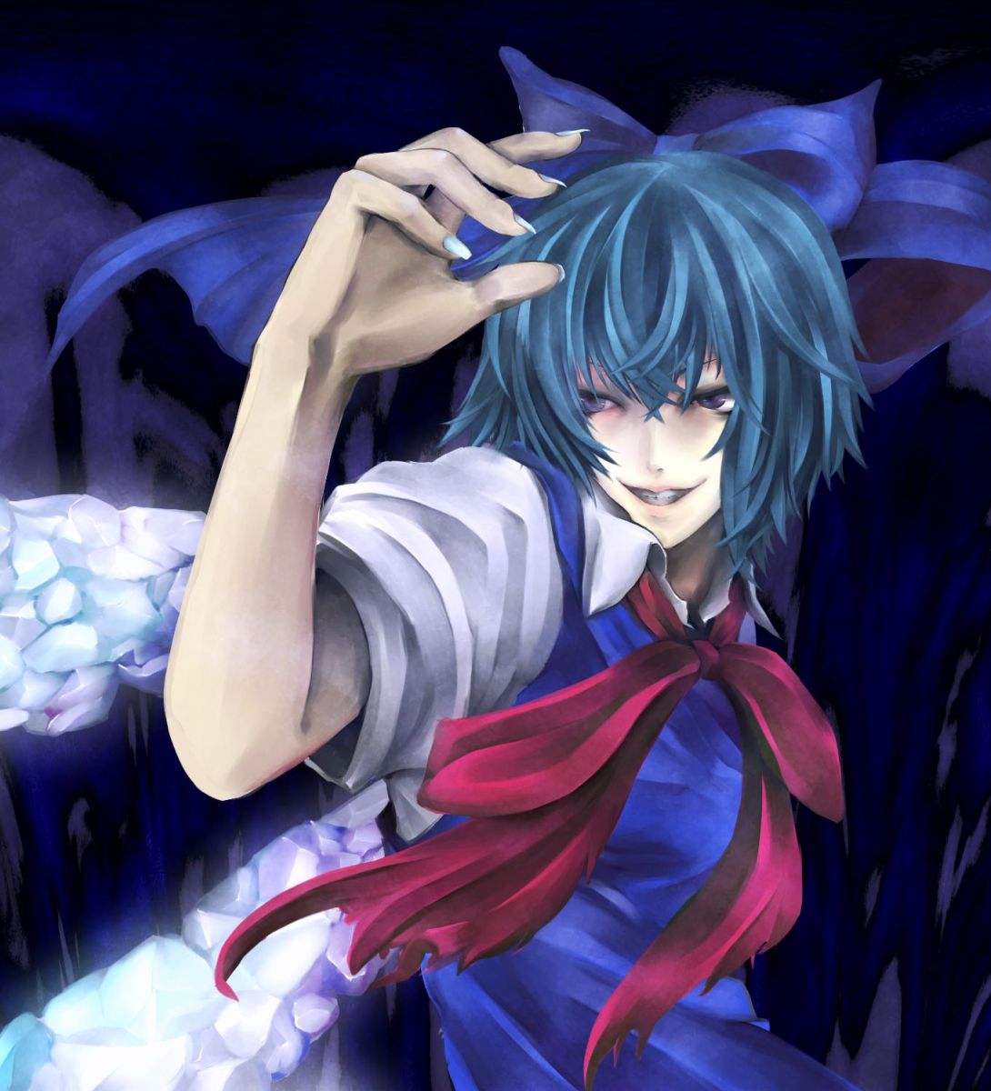 rokushou kokuu, cirno, embodiment of scarlet devil, touhou, highres, 1girl, blue hair, evil grin, evil smile, female focus, fighting stance, fingernails, grin, ice, long fingernails, nail (hardware), smile, solo, wings