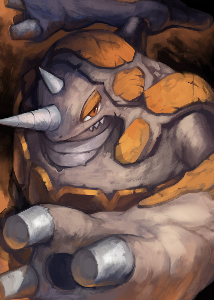 yilx, rhyperior, nintendo, pokemon, commentary request, closed mouth, gen 4 pokemon, horns, no humans, orange eyes, pokemon (creature), pokemon focus, sharp teeth, solo, teeth, v-shaped eyebrows