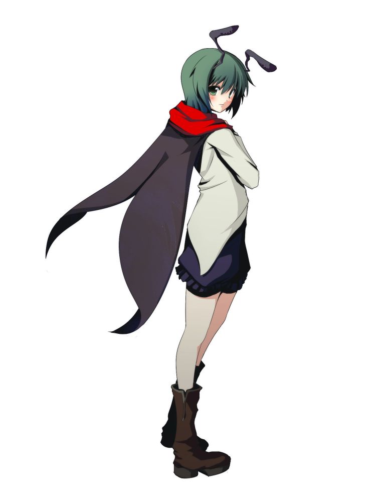 rokushou kokuu, wriggle nightbug, touhou, brown footwear, jpeg artifacts, 1girl, androgynous, antennae, boots, cape, crossed arms, female focus, full body, green eyes, green hair, looking back, matching hair/eyes, reverse trap, shoes, short hair, simple background, solo, standing, white background