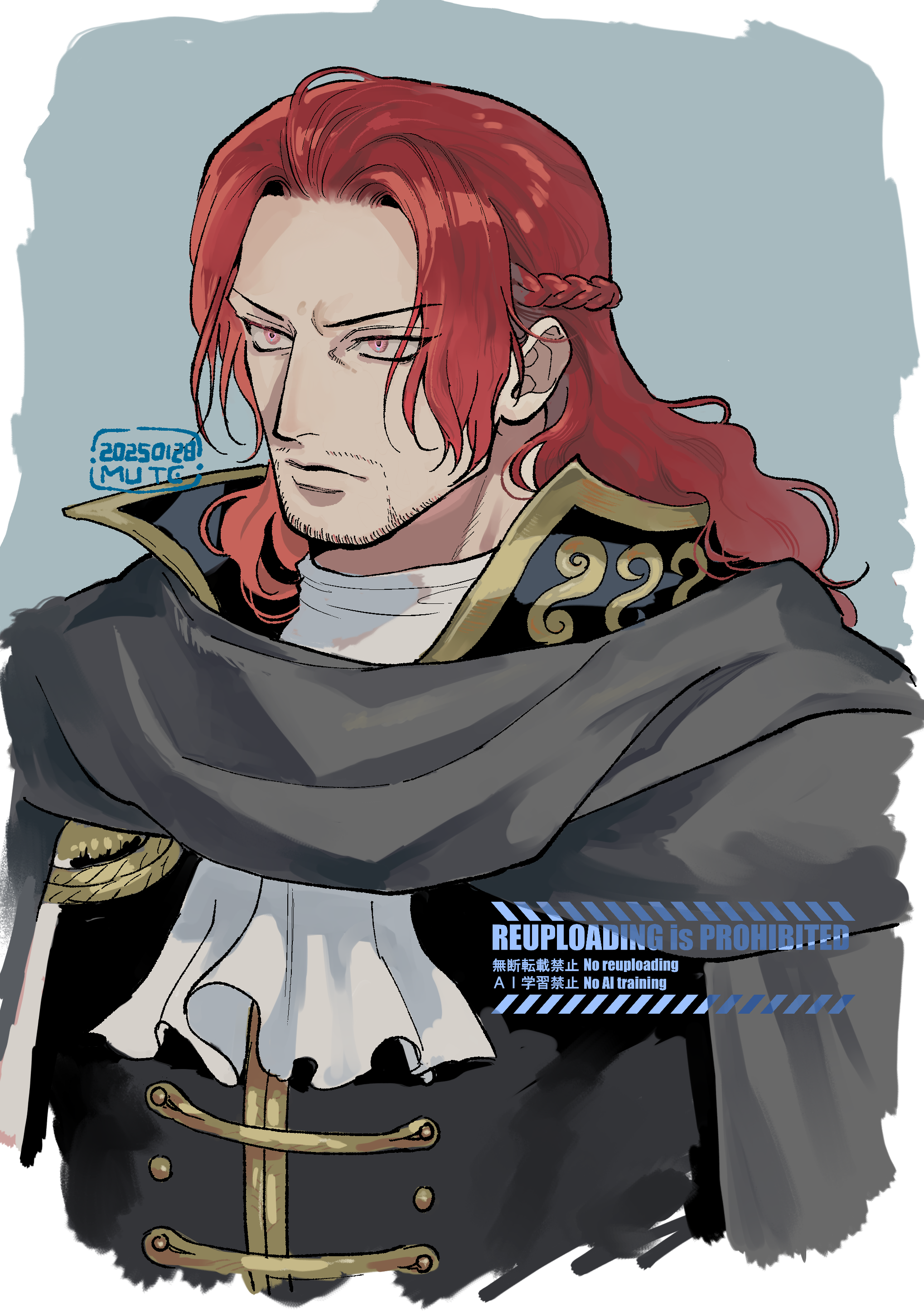 momoh jiyucho, shanks (one piece), one piece, absurdres, commentary request, highres, 1boy, alternate hair length, alternate hairstyle, ascot, black jacket, border, braid, cape, closed mouth, grey cape, jacket, long hair, male focus, mature male, red eyes, red hair, signature, simple background, solo, upper body, white ascot, white border