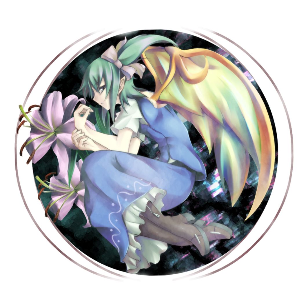 rokushou kokuu, daiyousei, embodiment of scarlet devil, touhou, 1girl, boots, bow, circle, female focus, fetal position, flower, full body, green eyes, green hair, hair bow, long skirt, lying, matching hair/eyes, plantar flexion, pointy ears, side ponytail, skirt, solo, wings, zipper