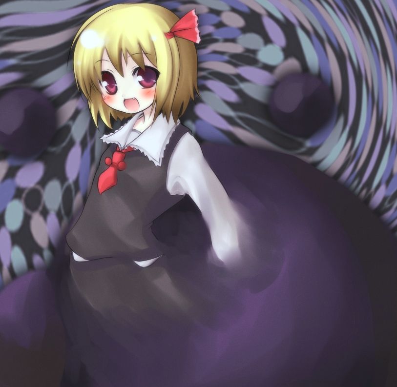 rokushou kokuu, rumia, embodiment of scarlet devil, touhou, jpeg artifacts, 1girl, blonde hair, blush, darkness, fang, female focus, hair ribbon, looking at viewer, necktie, open mouth, red eyes, ribbon, short hair, smile, solo