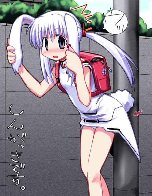 yamai (lsd), usa (yamai), original, wall, translated, 1girl, animal ears, arrow (symbol), backpack, bag, black eyes, blush, china dress, chinese clothes, dress, entangled, female focus, grey eyes, hand on own ear, leaning forward, long hair, looking at viewer, outdoors, panties, pantyshot, pulling own ear, rabbit ears, rabbit tail, randoseru, road, solo, street, tail, tied up (nonsexual), twintails, underwear, utility pole, white hair, white panties