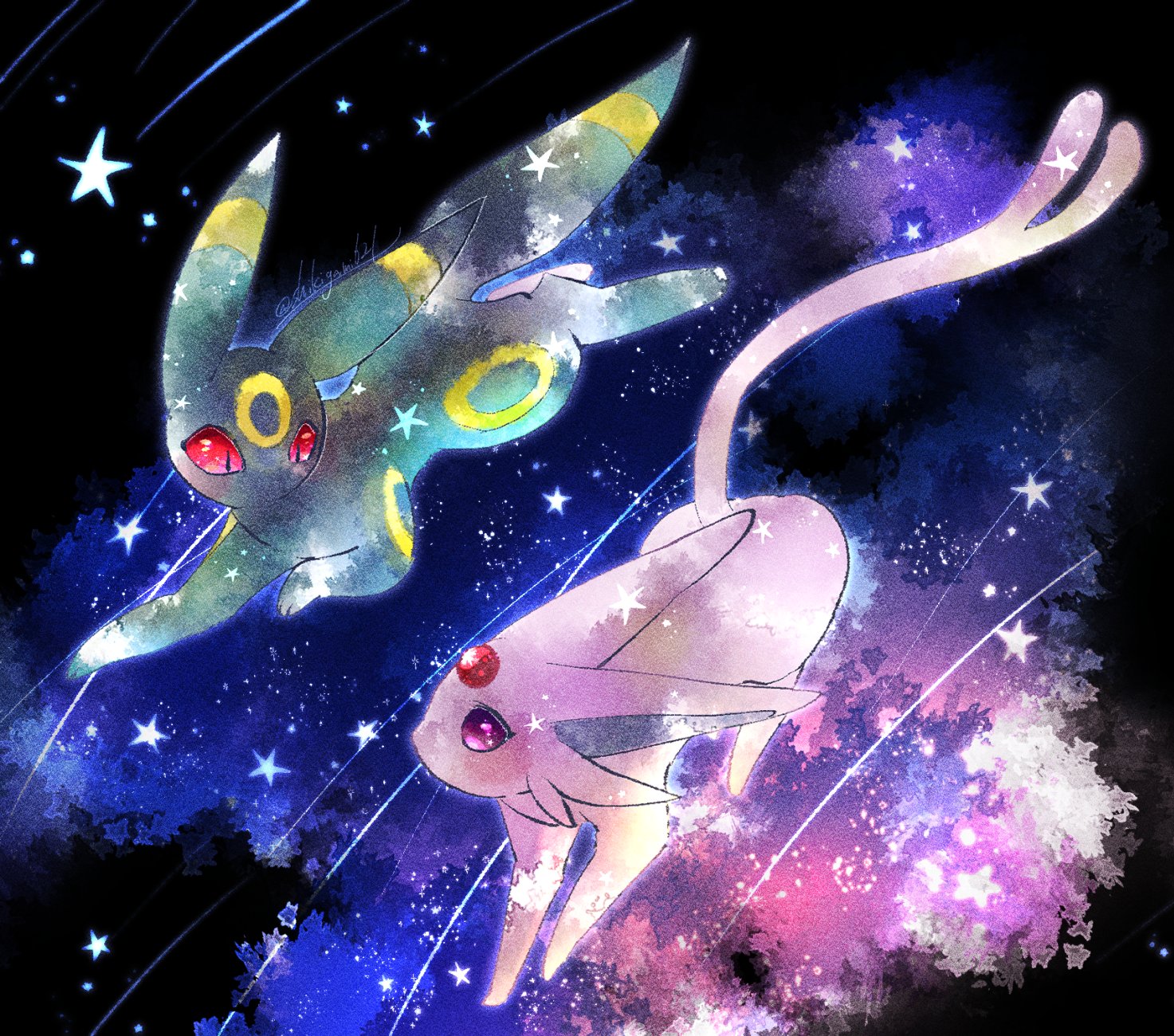 naoto (shion), espeon, umbreon, nintendo, pokemon, commentary request, highres, animal focus, black eyes, colored sclera, full body, galaxy, gen 2 pokemon, looking down, looking up, no humans, pokemon (creature), pokemon focus, purple eyes, red sclera, star (symbol)