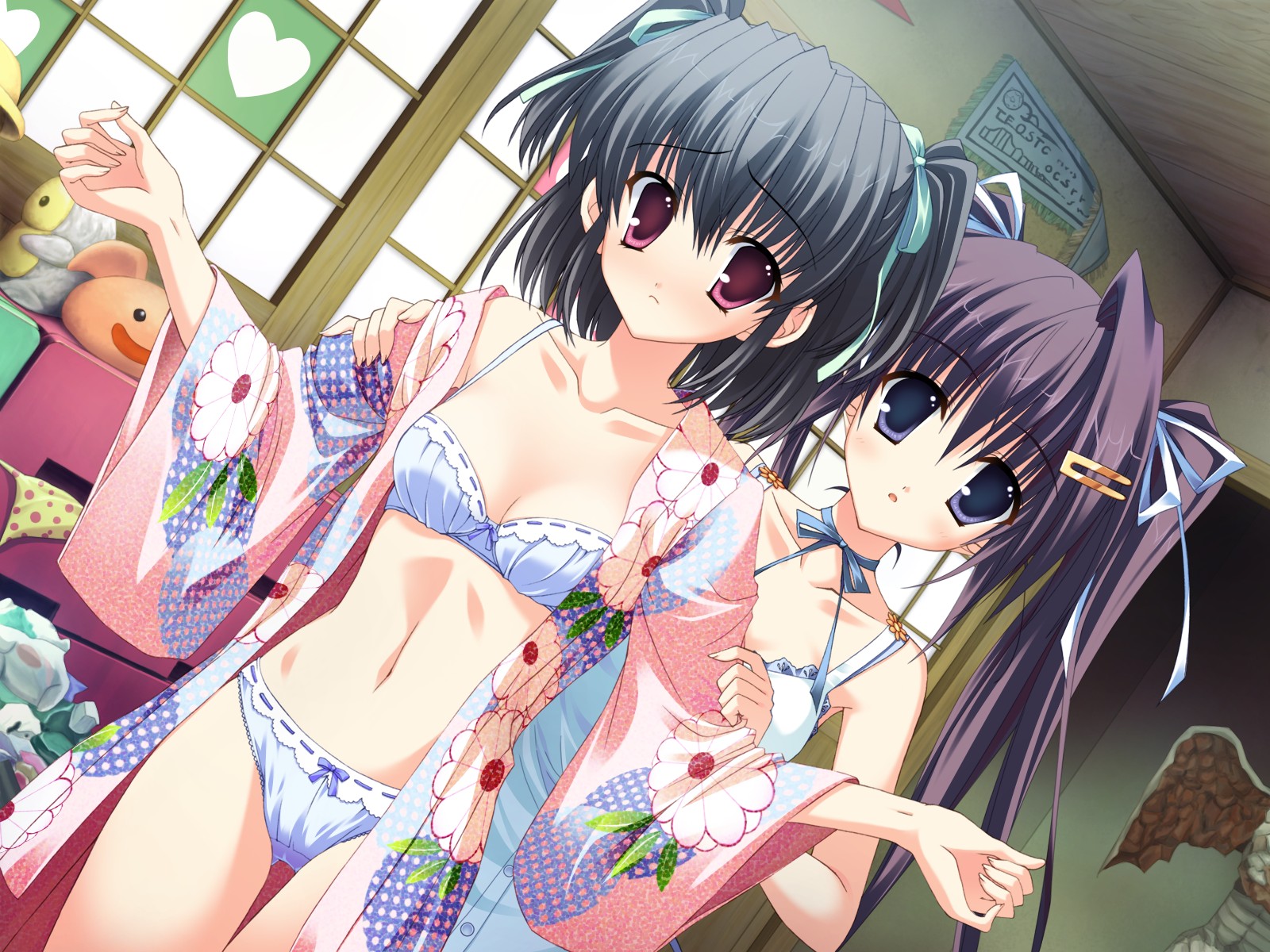 mitha, okamoto nonoka, yukino natsuki, clear (visual novel), highres, non-web source, 2girls, black hair, blue bra, blue eyes, blue panties, bow, bow bra, bow panties, bra, dutch angle, japanese clothes, kimono, lingerie, multiple girls, open clothes, panties, purple eyes, purple hair, short hair, twintails, underwear, undressing
