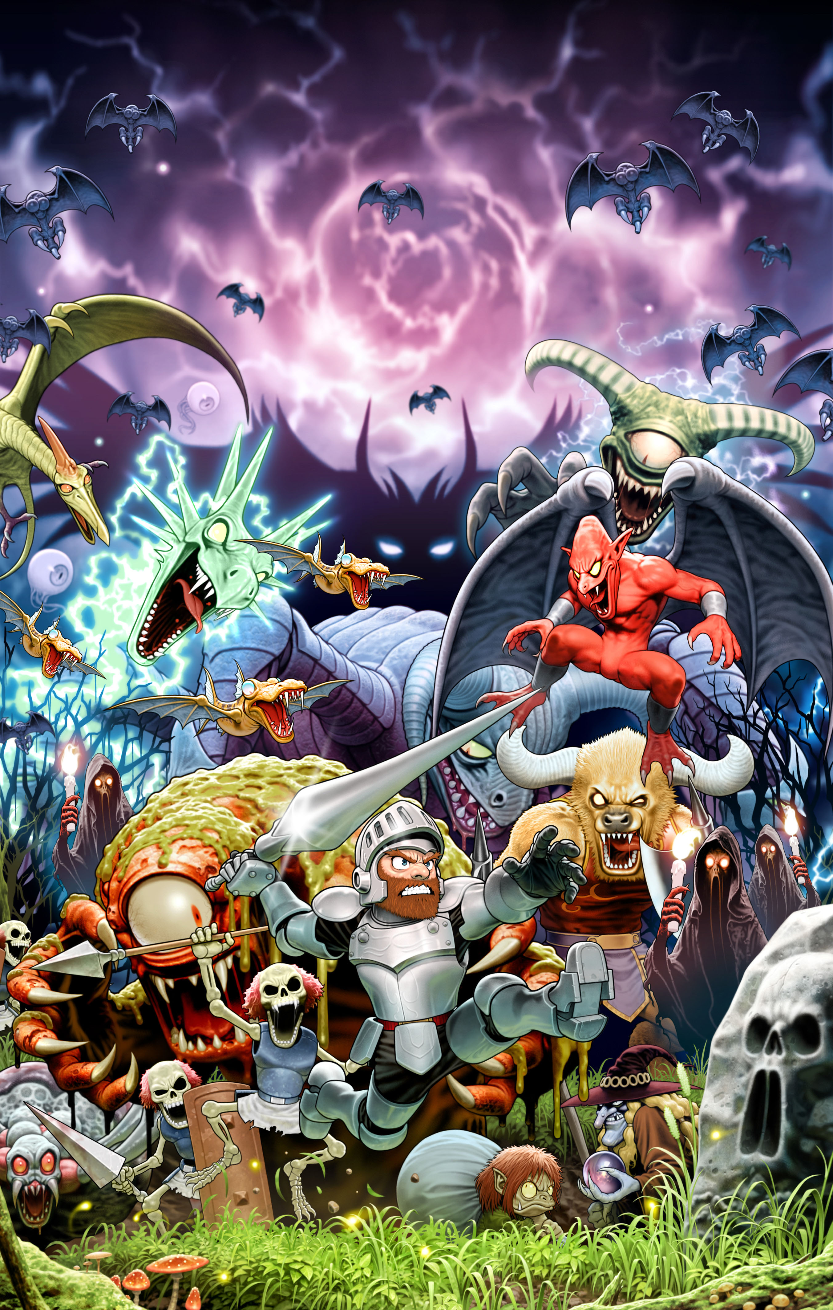 mori toshiaki, arthur, astaroth (makaimura), red arremer, sir arthur (makaimura), capcom, makaimura, 1980s (style), absurdres, highres, official art, 1boy, armor, battle, beard, demon, dragon, facial hair, ghosts n' goblins, goblin, lance, monster, night, night sky, polearm, realistic, retro artstyle, sky, spear, weapon, wings