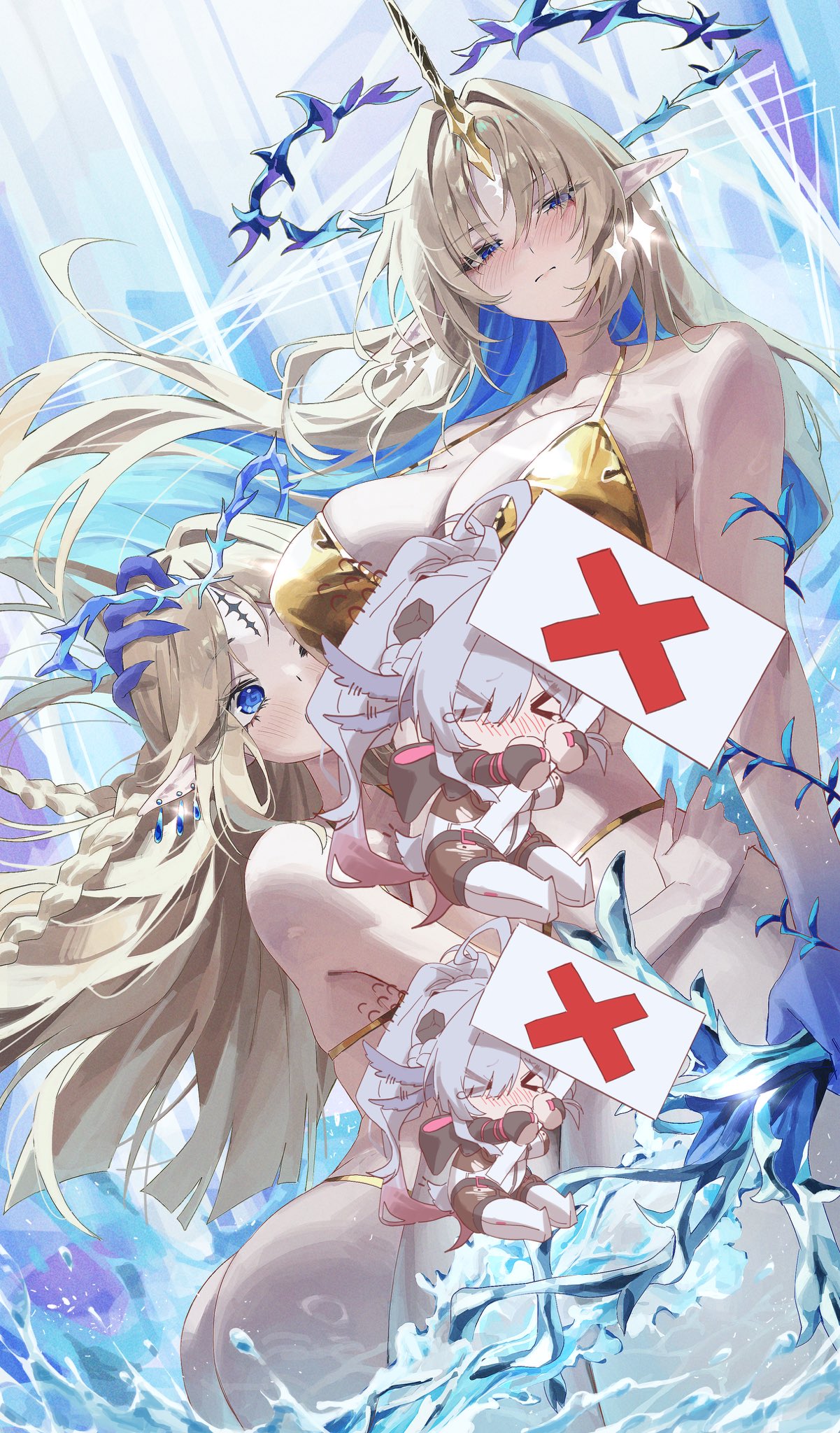 netural, cartethyia (wuthering waves), fleurdelys (wuthering waves), wuthering waves, commentary, highres, redrawn, symbol-only commentary, 2girls, bare shoulders, bikini, blonde hair, blue eyes, blue hair, blue hands, blush, breasts, censored, character censor, cleavage, closed mouth, collarbone, colored inner hair, crown of thorns, dual persona, earrings, floating earrings, gold bikini, halterneck, holding, holding sword, holding weapon, horns, jewelry, large breasts, long hair, long horns, looking at viewer, medium breasts, multicolored hair, multiple earrings, multiple girls, navel, nose blush, novelty censor, open mouth, parted bangs, pointy ears, sidelocks, single horn, stomach, string bikini, swimsuit, sword, tacet mark (wuthering waves), thighs, very long hair, weapon, yellow horns