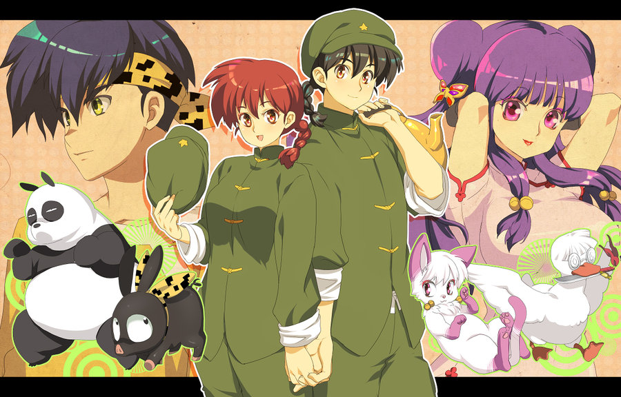 gimei, hibiki ryouga, mousse (duck) (ranma 1/2), mousse (ranma 1/2), ranma-chan, saotome genma, saotome ranma, shampoo (ranma 1/2), ranma 1/2, image sample, 2boys, 2girls, bell, bird, braid, cat, china dress, chinese clothes, dress, dual persona, duck, genderswap, genderswap (mtf), hair bell, hair ornament, hat, holding, holding hands, holding kettle, holding unworn clothes, holding unworn hat, kettle, knife, multiple boys, multiple girls, panda, pig, red hair, single braid, unworn hat, unworn headwear