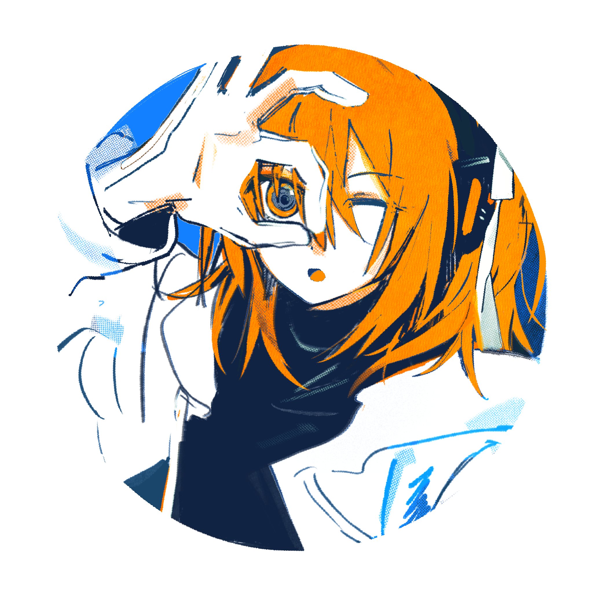 sfrabbit, adachi rei, a.i. voice, utau, highres, 1girl, :o, black shirt, coat, gloves, hair ribbon, hand up, headphones, long sleeves, looking at viewer, medium hair, ok sign, ok sign over eye, one eye closed, open mouth, orange eyes, orange hair, ribbon, shirt, solo, turtleneck, upper body, white coat, white gloves