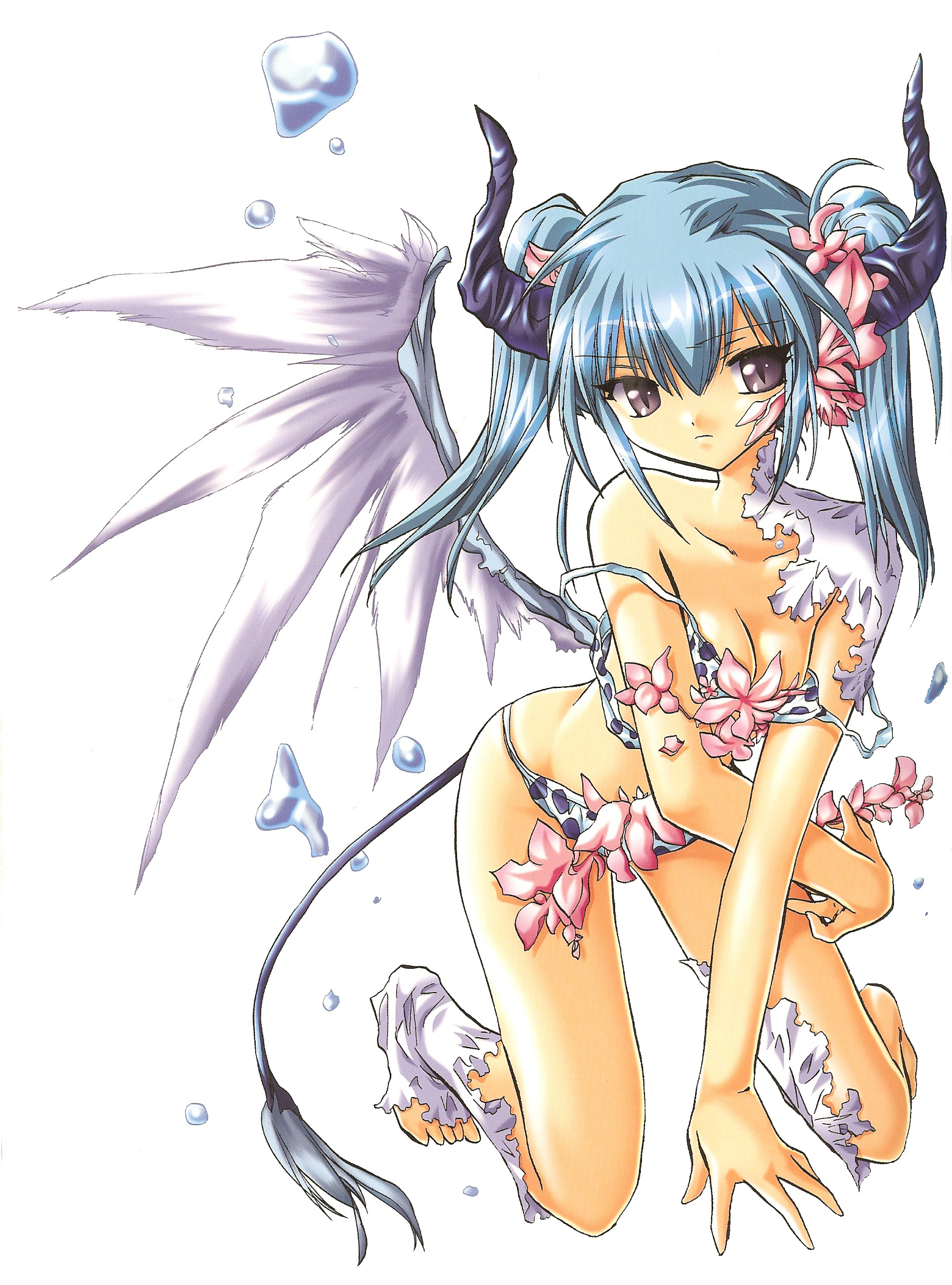 original, highres, blue hair, flower, horns, solo, tail, twintails, wings