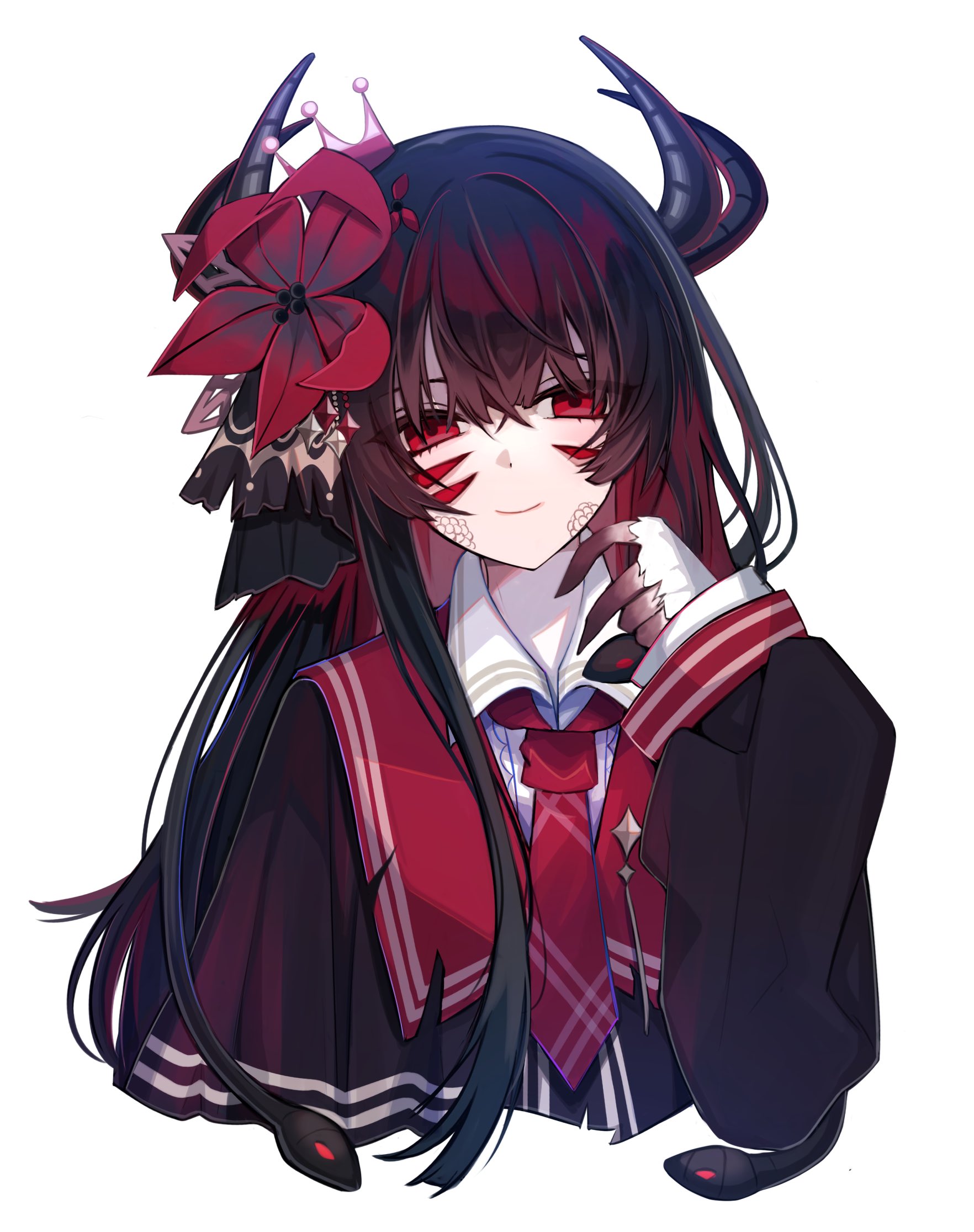 satoimo chika, nikaidou hiro, mahou shoujo no majo saiban, commentary request, highres, spoilers, 1girl, black hair, black horns, black shirt, closed mouth, collared shirt, colored extremities, cropped torso, crown, dark persona, demon horns, demon tail, extra eyes, extra horns, flower, hair between eyes, hair flower, hair ornament, hand up, horns, long hair, long sleeves, looking at viewer, magical girl, necktie, red eyes, red flower, red necktie, shirt, simple background, smile, snake hair, solo, tail, upper body, white background