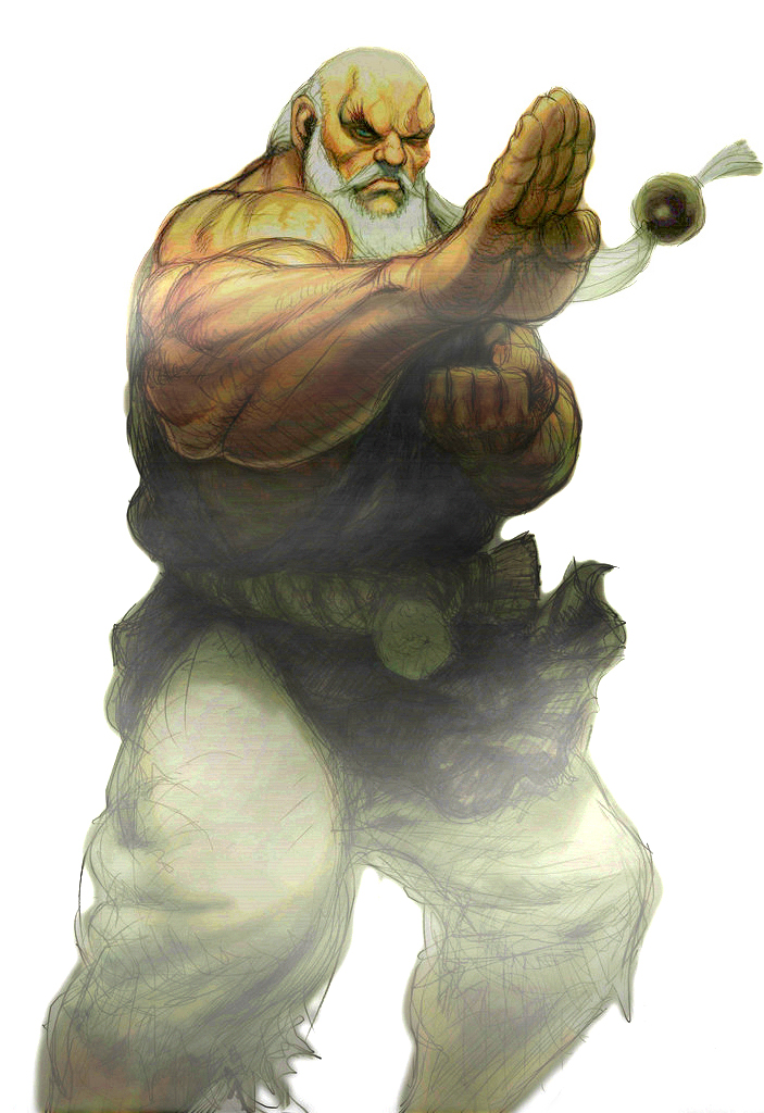 ikeno daigo, gouken, capcom, street fighter, street fighter iv (series), official art, 1boy, beard, blue eyes, dougi, facial hair, fighting stance, long hair, low-tied long hair, male focus, muscular, mustache, old, old man, ponytail, scar, sketch, solo, white hair