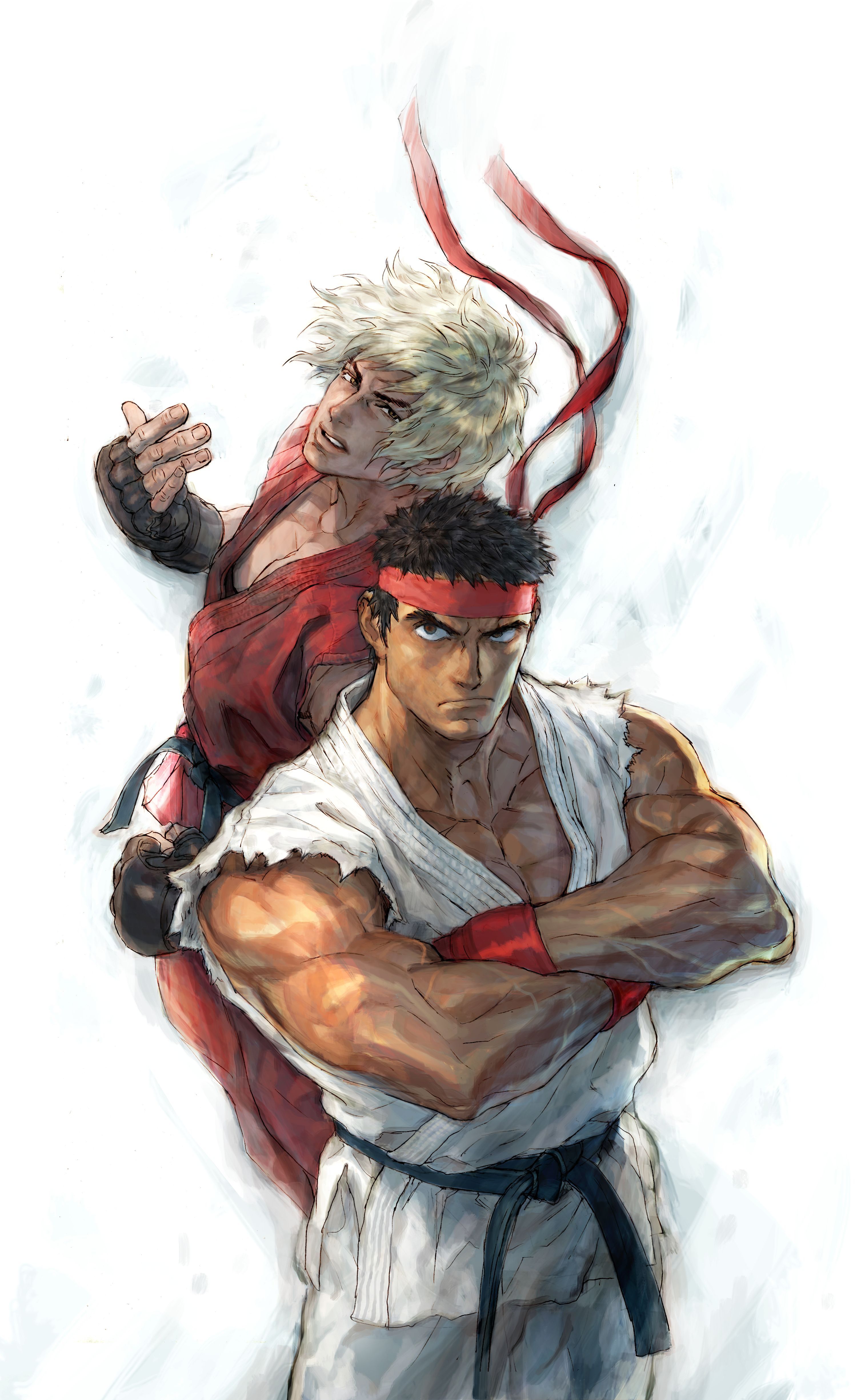 nishimura kinu, ken masters, ryu (street fighter), capcom, street fighter, absurdres, highres, official art, 2boys, crossed arms, headband, looking at viewer, male focus, multiple boys, muscular, muscular male, white background