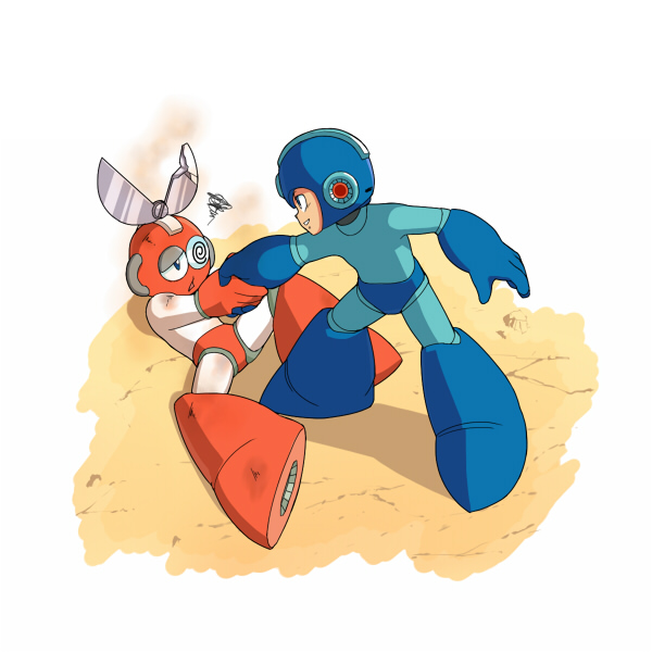 cut man, mega man (character), mega man (classic), mega man (series), mega man 1, 2boys, @ @, android, battle damage, blue bodysuit, blue eyes, blue gloves, blue helmet, bodysuit, brothers, full body, gloves, handshake, helmet, humanoid robot, looking at another, may (nicoseiga 32709921), multiple boys, multiple girls, open mouth, red gloves, red helmet, robot, robot ears, scissors, siblings, simple background, smile, white bodysuit