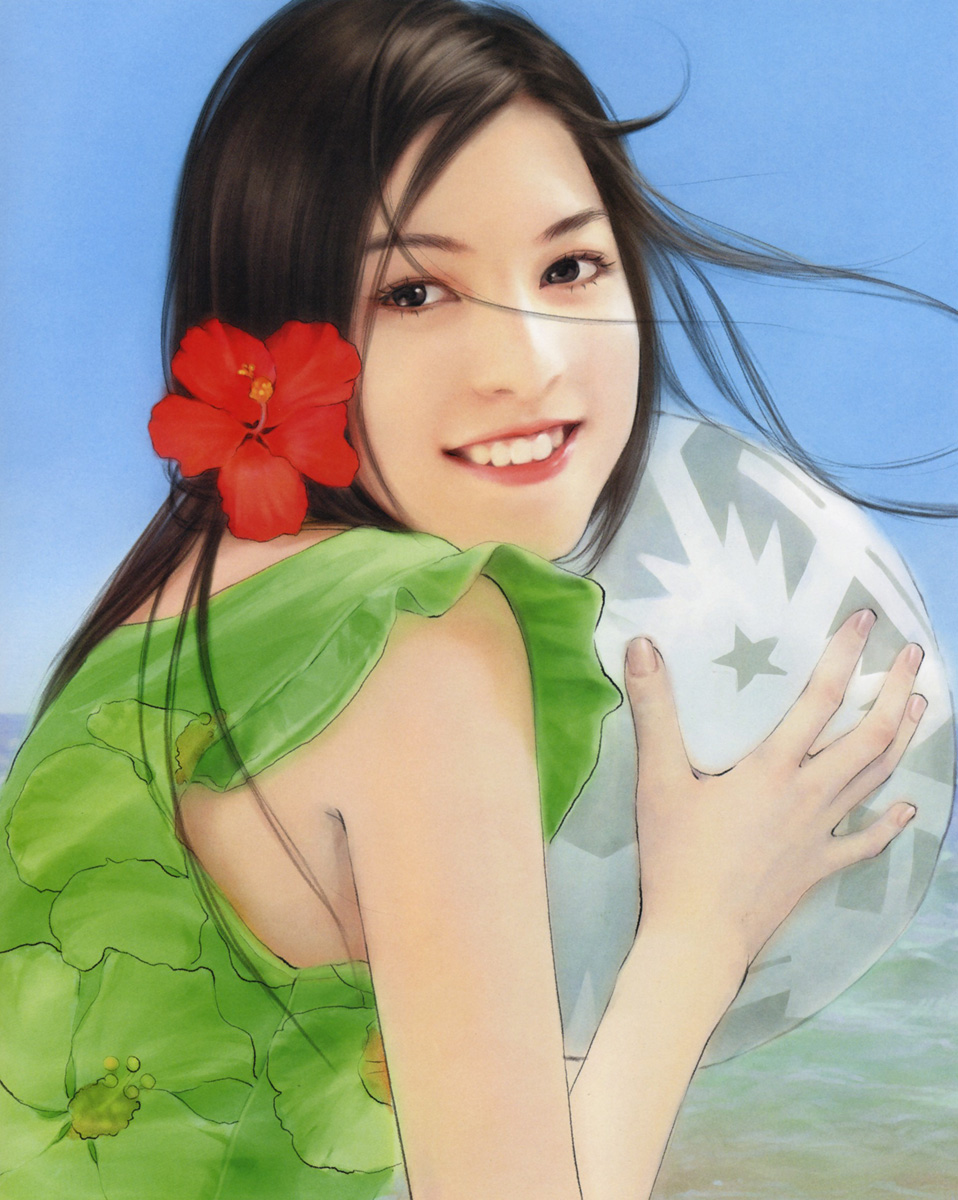 chen shu fen, highres, 1girl, ball, beach, black eyes, brown hair, female focus, fingernails, floral print, flower, from side, hair flower, hair ornament, hibiscus, lips, long hair, looking at viewer, realistic, sleeveless, smile, solo, teeth, upper body, wind