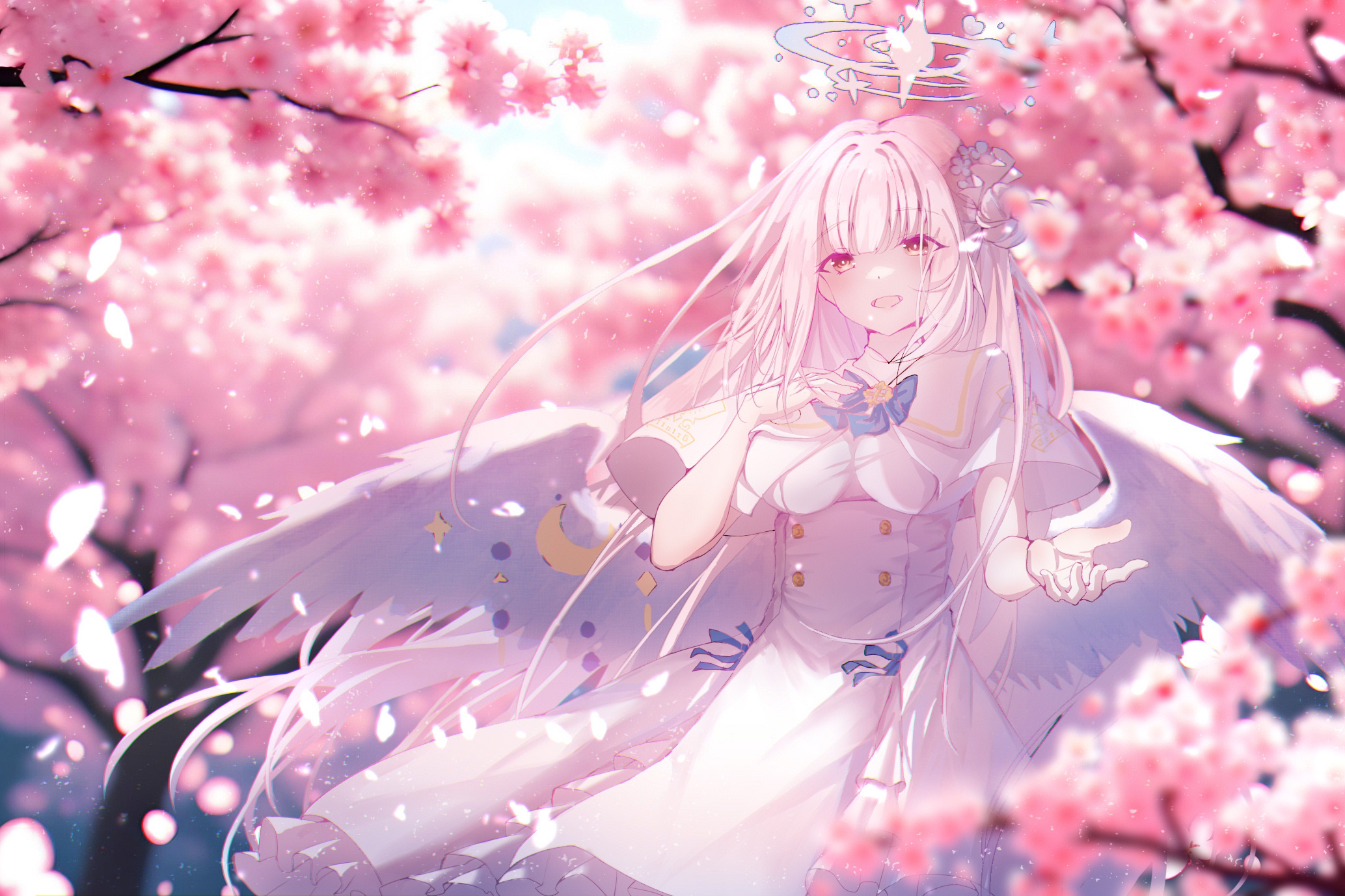 re:rin, mika (blue archive), blue archive, highres, 1girl, angel wings, blue bow, blush, bow, breasts, buttons, capelet, cherry blossoms, double-breasted, dress, feathered wings, flower, gold trim, hair flower, hair ornament, halo, hand on own chest, long hair, looking at viewer, low wings, medium breasts, open mouth, pink hair, pink halo, purple eyes, smile, solo, very long hair, white capelet, white dress, white wings, wing ornament, wings