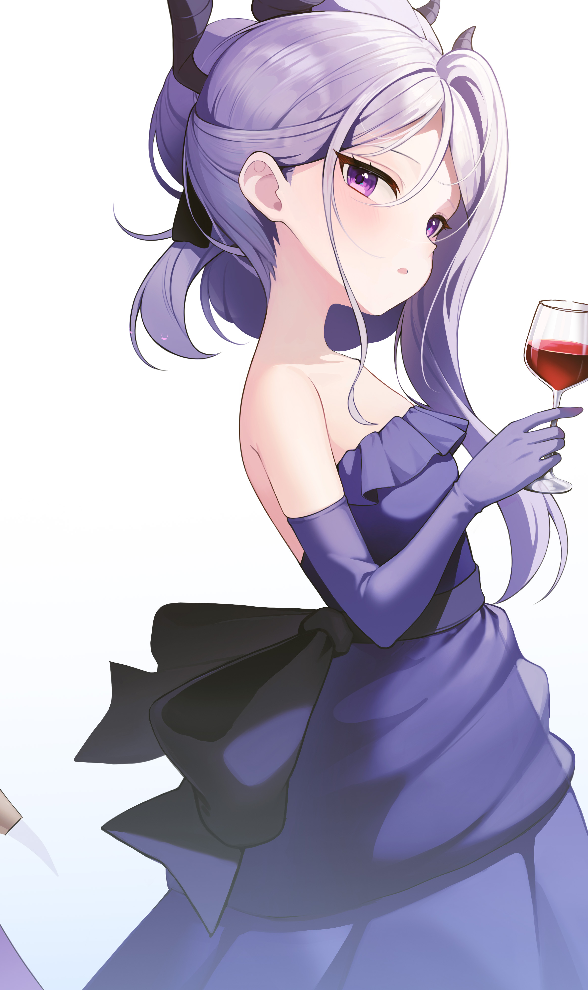 hina (blue archive), blue archive, absurdres, highres, 1girl, breasts, demon girl, demon horns, demon wings, dress, elbow gloves, gloves, horns, long hair, looking at viewer, low wings, meng e0215, purple dress, purple eyes, purple gloves, small breasts, solo, standing, white hair, wings