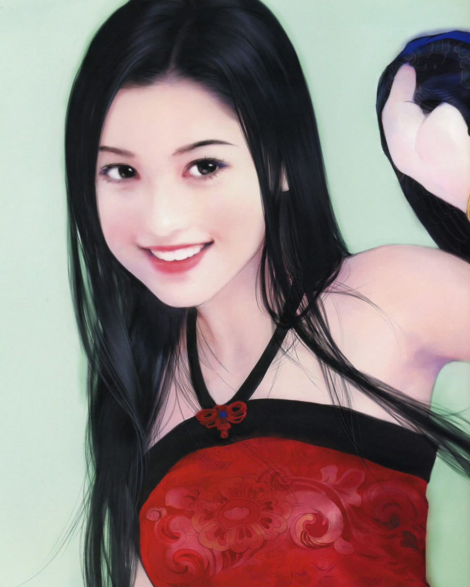 chen shu fen, highres, 1girl, black eyes, black hair, china dress, chinese clothes, dress, female focus, long hair, photorealistic, realistic, sleeveless, smile, solo