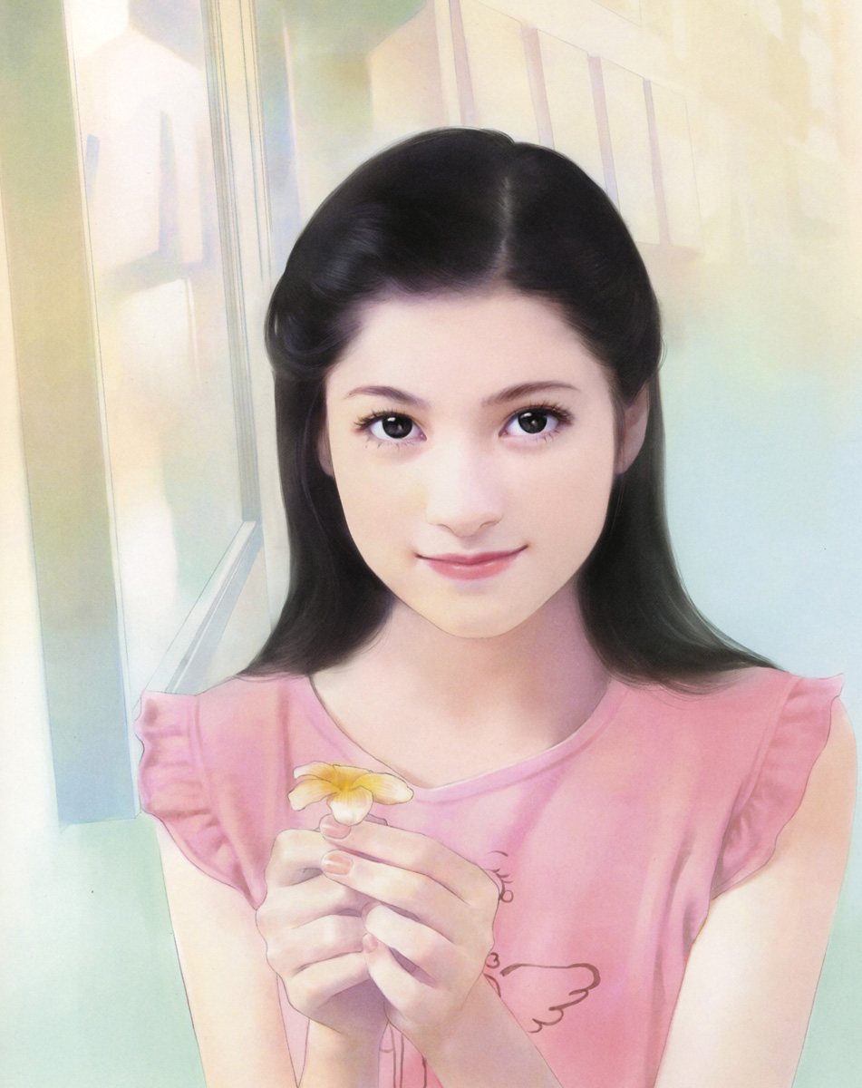 chen shu fen, highres, black eyes, black hair, flower, long hair, realistic, smile, solo