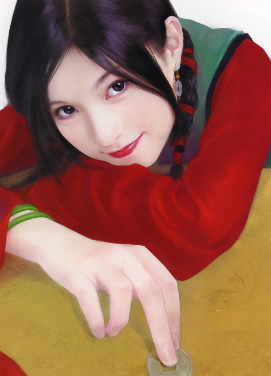 chen shu fen, highres, black eyes, black hair, braid, coin, earrings, jewelry, lipstick, makeup, realistic, smile, solo