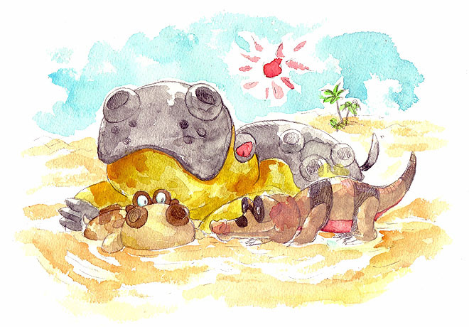 no. 017, hippopotas, hippopotas (male), hippowdon, hippowdon (male), sandile, nintendo, pokemon, commentary request, painting (medium), traditional media, watercolor (medium), animal focus, blue sky, closed mouth, day, desert, gen 4 pokemon, gen 5 pokemon, no humans, nostrils, outdoors, palm tree, pokemon (creature), pokemon focus, sand, sky, sun, tree