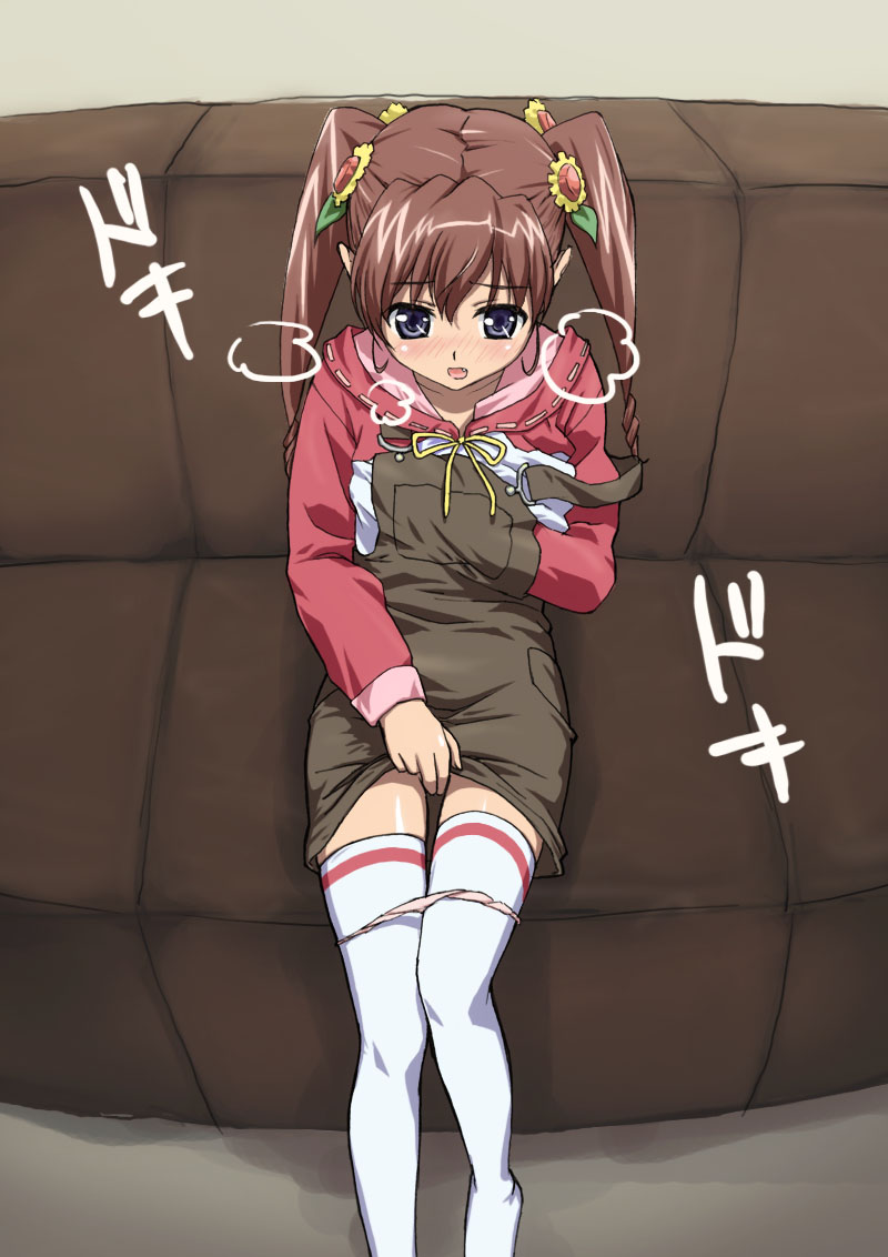 makkusu, nogizaka mika, nogizaka haruka no himitsu, bad id, bad pixiv id, 00s, 1girl, blue eyes, blush, breasts, brown hair, couch, fang, female focus, female masturbation, grabbing another's breast, grabbing own breast, groping, hair ornament, hand under clothes, hand under shirt, masturbation, overalls, panties, panty pull, shirt, sitting, solo, thighhighs, twintails, underwear