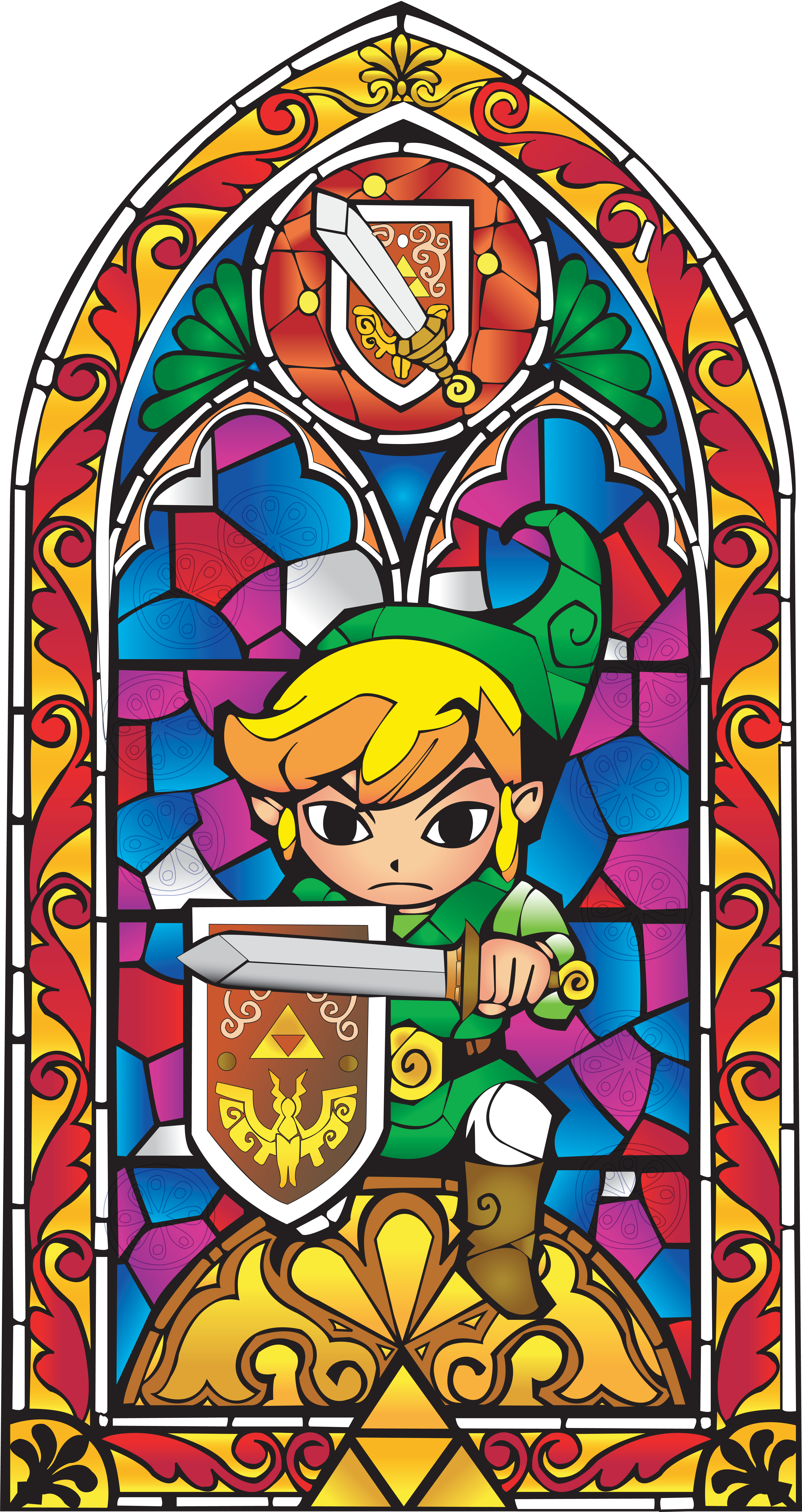 link, toon link, nintendo, the legend of zelda, the legend of zelda: the wind waker, absurdres, highres, 1boy, black eyes, blonde hair, boots, brown boots, faux traditional media, green hat, green tunic, hat, holding, holding sword, holding weapon, male focus, pointy ears, shield, solo, stained glass, sword, tunic, weapon