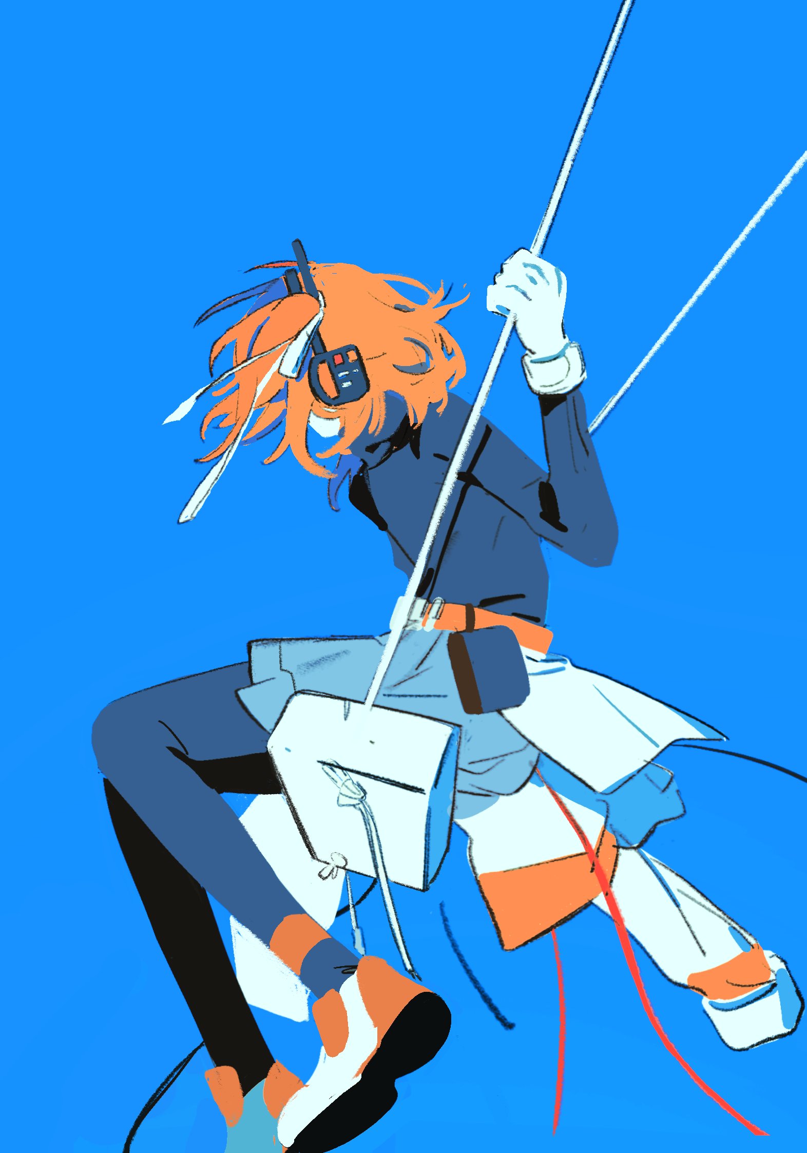sfrabbit, adachi rei, a.i. voice, highres, 1girl, belt, black pantyhose, black shirt, blue background, blue skirt, cable, covered face, flat chest, gloves, hair ribbon, headset, hug from side, long sleeves, on swing, orange hair, pantyhose, ribbon, shirt, shirt tucked in, shoes, short hair, skirt, solo, swing, white gloves