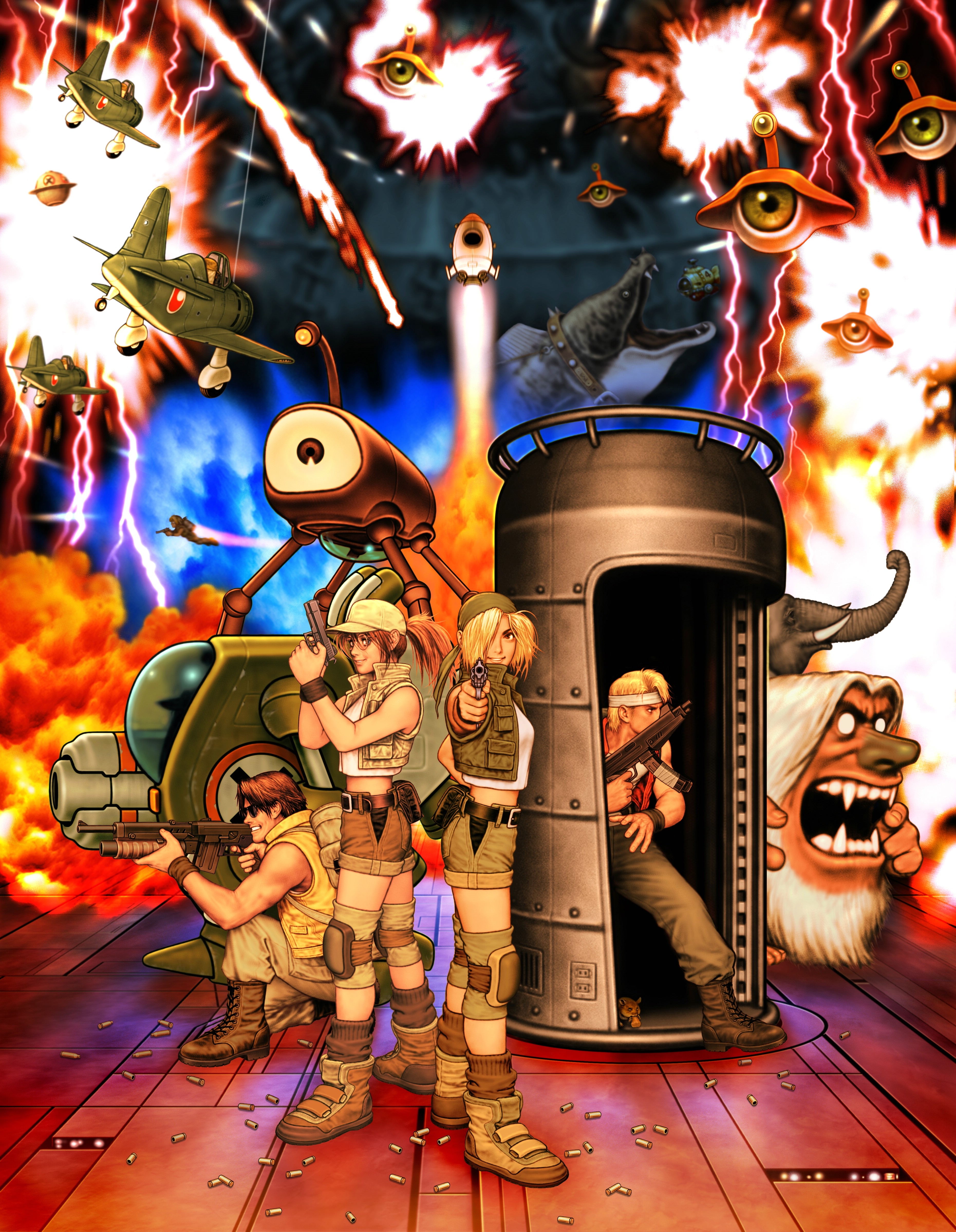 mori toshiaki, fio germi, kasamoto eri, marco rossi, tarma roving, metal slug, metal slug 3, snk, absurdres, highres, official art, 2boys, 2girls, alien, elephant, h&k mp5k, monster, multiple boys, multiple girls, realistic, robot, rocket, science fiction, short shorts, shorts, spacecraft, weapon