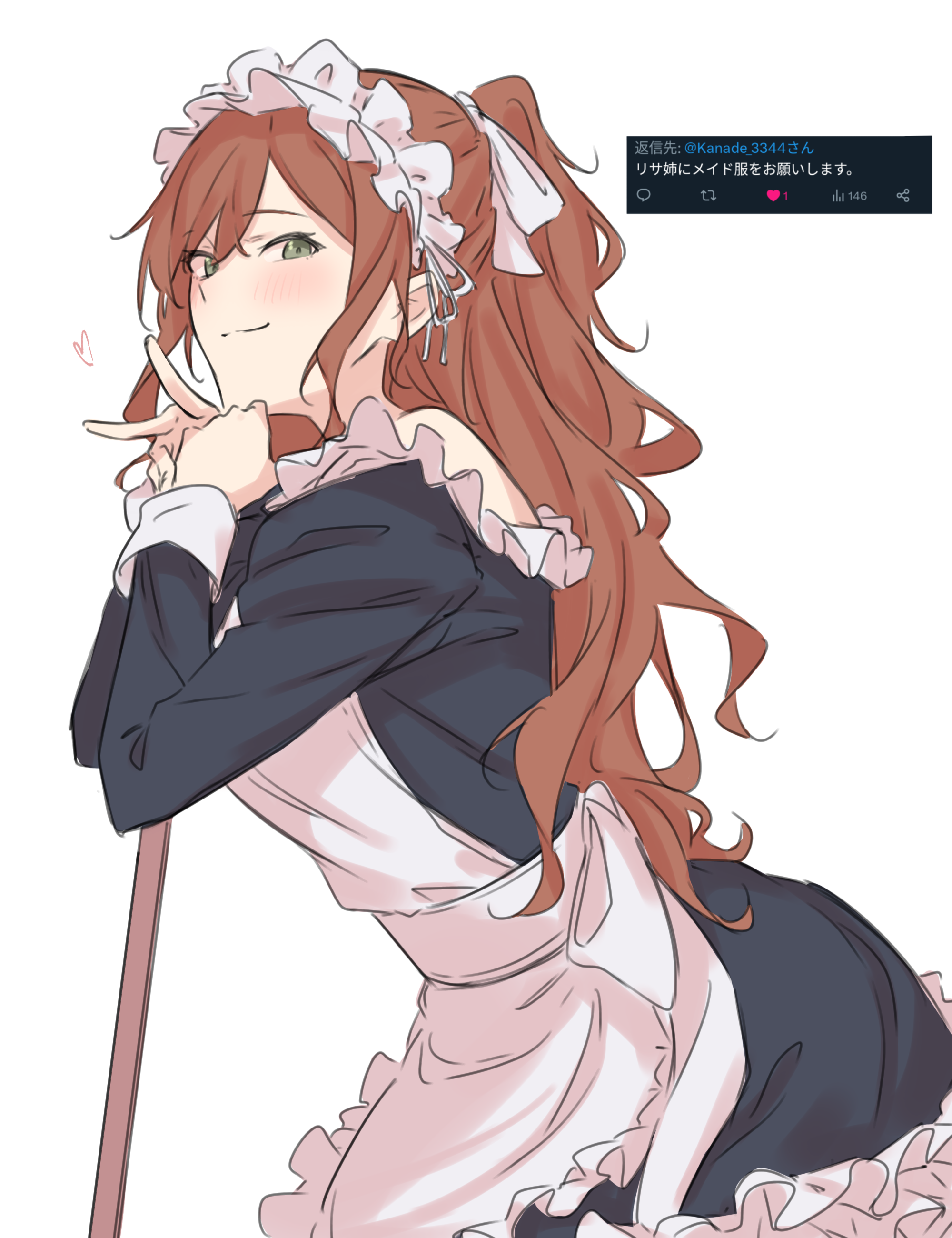 kanade (kanade 3344), imai lisa, bang dream!, absurdres, commentary, highres, translated, 1girl, apron, blush, brown hair, closed mouth, dress, half updo, long hair, long sleeves, looking at viewer, maid, maid headdress, off-shoulder dress, off shoulder, request inset, simple background, solo, white apron, white background
