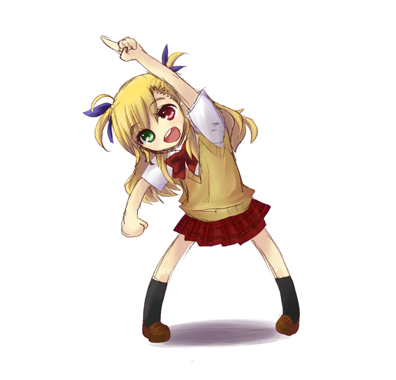 vivio, lyrical nanoha, mahou shoujo lyrical nanoha, mahou shoujo lyrical nanoha strikers, mahou shoujo lyrical nanoha vivid, 00s, 10s, 1girl, blonde hair, green eyes, heterochromia, pointing, red eyes, ribbon, school uniform, serafuku, socks, sweater vest
