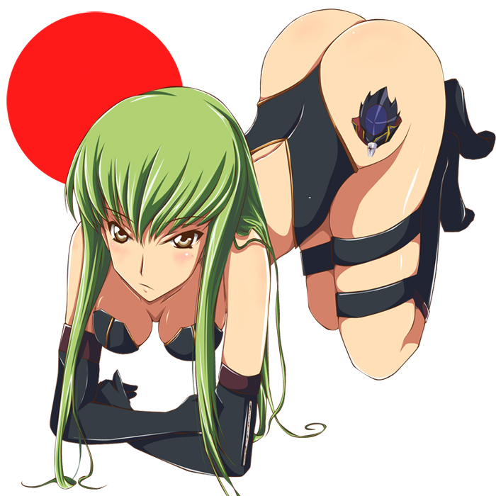 sahare, c.c., zero (code geass), code geass, bad id, bad pixiv id, 00s, 1girl, all fours, ass, breasts, elbow gloves, female focus, full body, gloves, green hair, japan, simple background, solo, tattoo