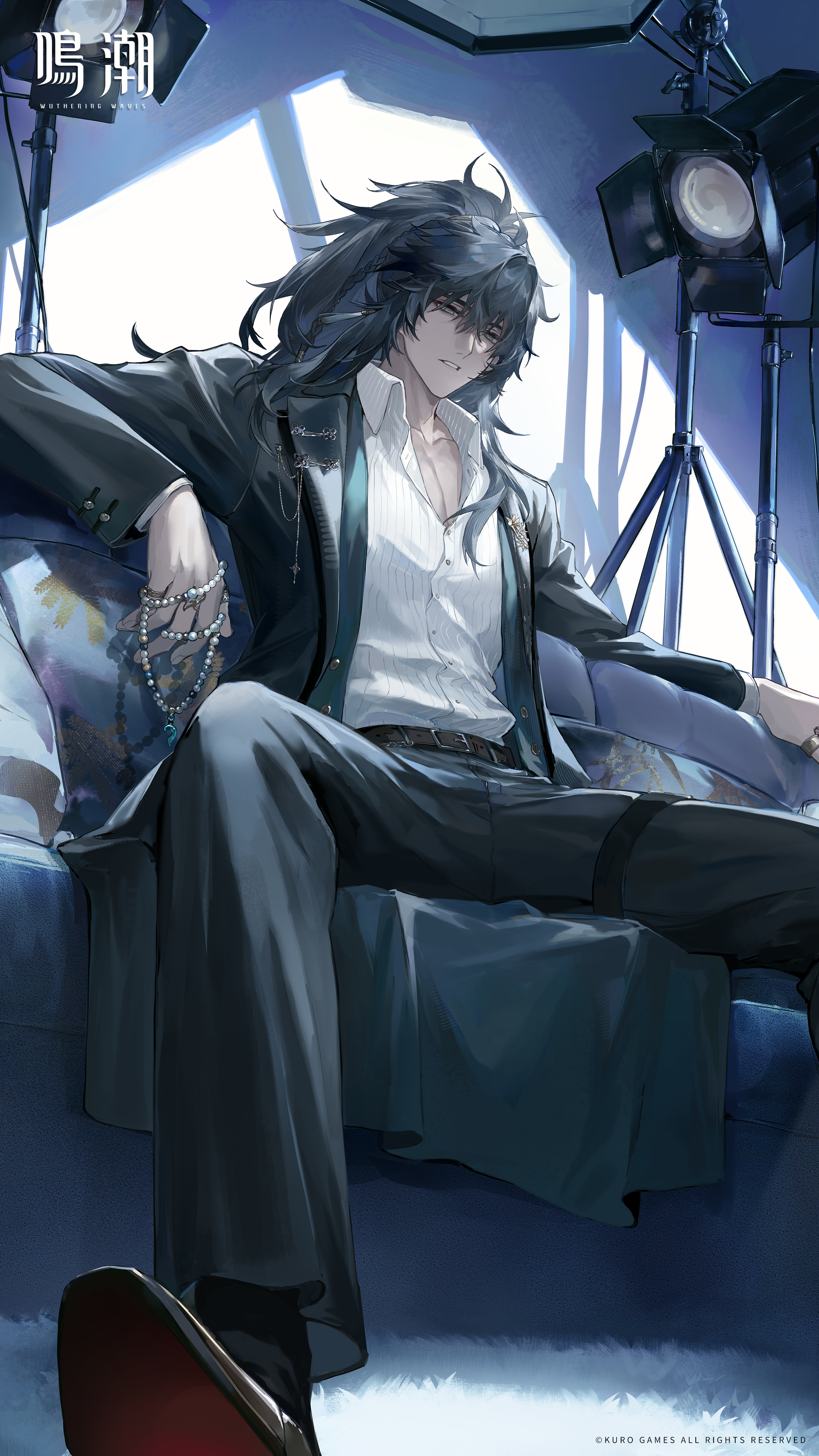 qiuyuan (wuthering waves), wuthering waves, absurdres, commentary request, highres, official art, 1boy, belt, black hair, black jacket, black pants, blind, brown belt, collarbone, collared shirt, couch, grey eyes, half-closed eyes, holding, holding jewelry, holding necklace, jacket, jewelry, logo, long hair, long sleeves, looking at viewer, male focus, necklace, official alternate costume, on couch, open clothes, open jacket, pants, parted lips, ponytail, ring, shirt, sitting, solo, spotlight, unworn jewelry, unworn necklace, white shirt