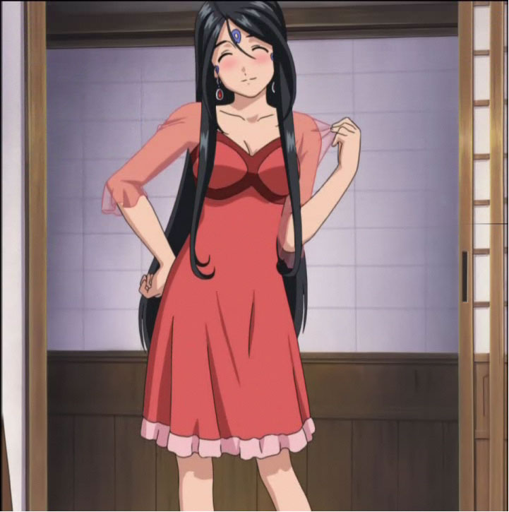skuld (aa megami-sama), aa megami-sama, anime screenshot, stitched, third-party edit, 1990s (style), 1girl, aged up, black hair, blush, breasts, cleavage, closed eyes, dress, earrings, facial mark, female focus, forehead mark, jewelry, long hair, retro artstyle, solo, very long hair