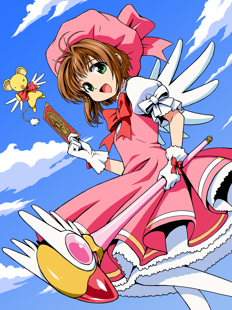 anbe masahiro, clow card, kero (cardcaptor sakura), kinomoto sakura, kinomoto sakura (magician), cardcaptor sakura, 1990s (style), 1girl, bow, card, child, cloud, costume, day, dress, fuuin no tsue, glove bow, gloves, green eyes, hat, holding, holding card, holding wand, magical girl, pantyhose, pink hat, retro artstyle, short hair, sky, staff, wand, white gloves, wings