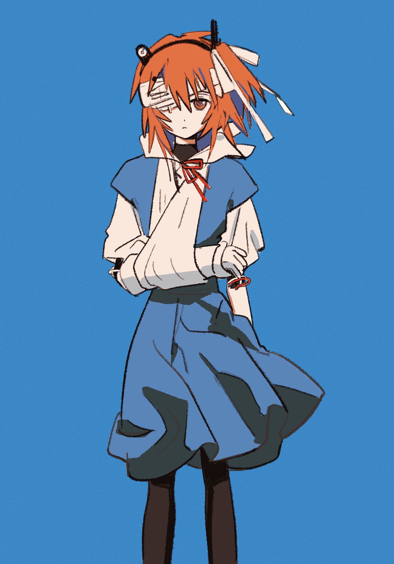 sfrabbit, adachi rei, ayanami rei, a.i. voice, neon genesis evangelion, utau, highres, 1girl, arm at side, arm sling, ayanami rei (cosplay), black pantyhose, black shirt, blue background, blue dress, cable, cast, closed mouth, cosplay, dress, expressionless, eyepatch, feet out of frame, hair ribbon, hairband, joints, looking at viewer, medical eyepatch, name connection, neck ribbon, one side up, orange eyes, orange hair, pantyhose, ribbon, robot joints, shirt, short hair, solo, standing, straight-on