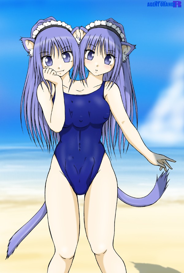 agent orange, 2futa, animal ears, blue hair, breasts, bulge, censored, conjoined, extra breasts, extra penises, futanari, medium breasts, multiple futa, multiple heads, nene koko, penis, swimsuit, tail