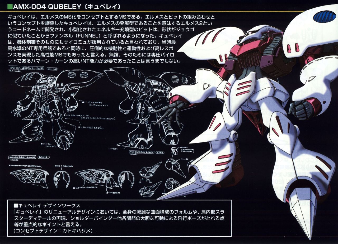 akutsu jun'ichi, qubeley, gundam, zeta gundam, 1980s (style), translation request, 1990s (style), lineart, machinery, mecha, mecha focus, mixed-language text, mobile suit, multiple views, neo zeon, no humans, oldschool, one-eyed, retro artstyle, robot, science fiction