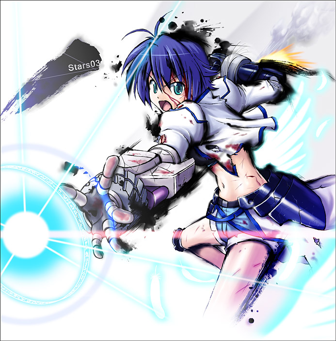 yone, revolver knuckle, subaru nakajima, lyrical nanoha, mahou shoujo lyrical nanoha, mahou shoujo lyrical nanoha strikers, bad id, bad pixiv id, 00s, angry, blood, blue eyes, blue hair, fingerless gloves, gloves, magic circle, midriff, navel, short hair, shorts, solo, torn clothes