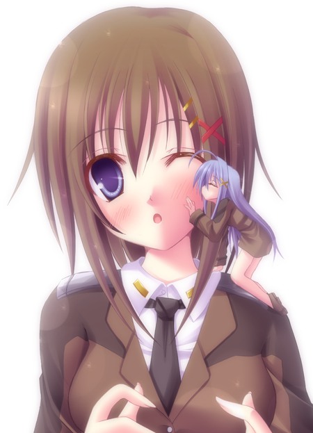 kago no tori, reinforce zwei, yagami hayate, lyrical nanoha, mahou shoujo lyrical nanoha, mahou shoujo lyrical nanoha strikers, bad id, bad pixiv id, 00s, 2girls, blush, hair ornament, kiss, military, military uniform, mini person, minigirl, multiple girls, x hair ornament