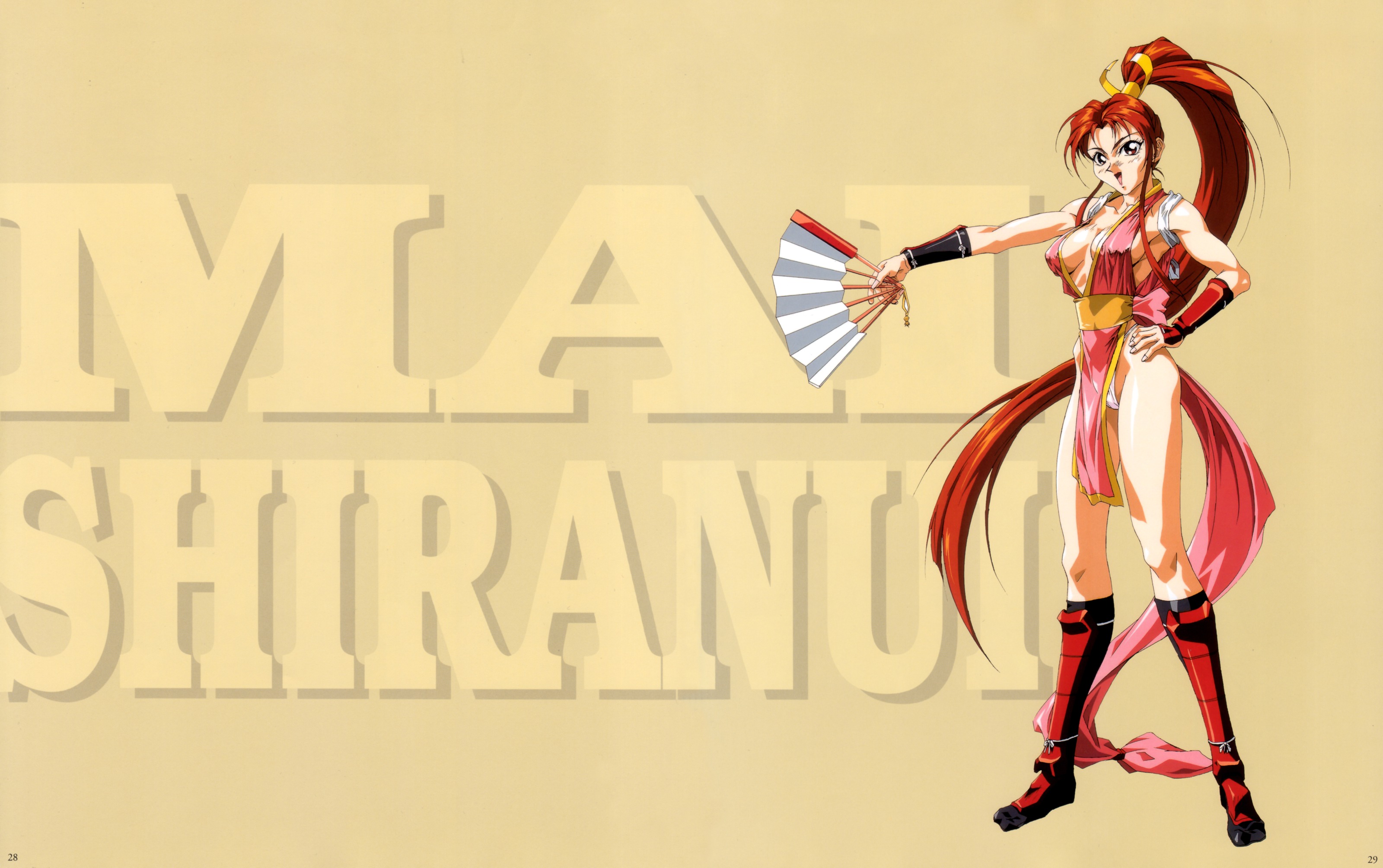 oobari masami, shiranui mai, fatal fury, snk, the king of fighters, absurdres, highres, 1girl, breasts, brown eyes, brown hair, cleavage, female focus, hand fan, large breasts, long hair, open mouth, panties, ponytail, sideboob, smile, solo, thong, underwear, very long hair