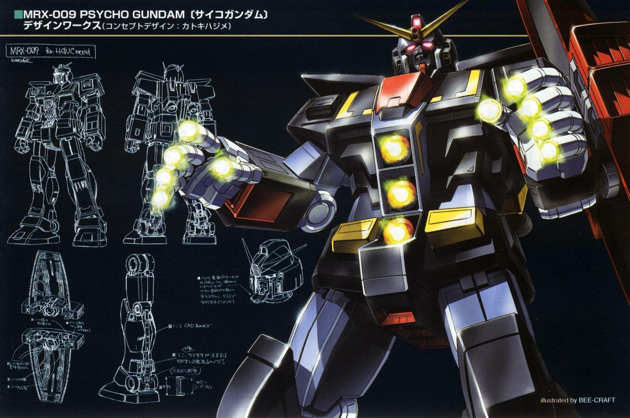 akutsu jun'ichi, psycho gundam, gundam, zeta gundam, 1980s (style), translation request, 1990s (style), beam cannon, chest cannon, finger cannon, glowing, glowing eyes, lineart, machinery, mecha, mecha focus, mixed-language text, mobile armor, multiple views, no humans, oldschool, red eyes, retro artstyle, robot, science fiction, shield, titans (gundam), v-fin
