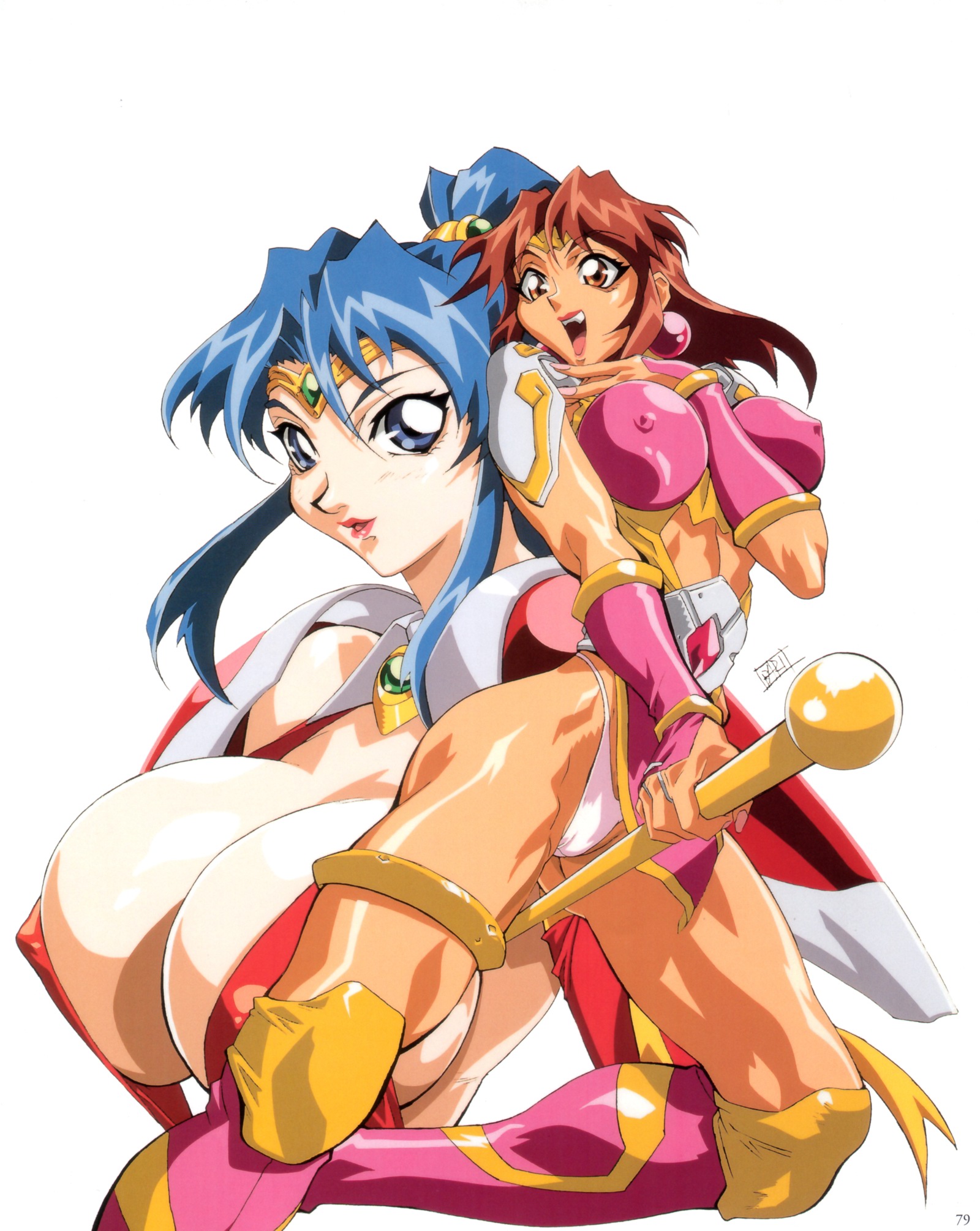 oobari masami, hishizaki shaia (gowcaizer), son karin, choujin gakuen gowcaizer, technos, looking away, pink legwear, highres, official art, scan, 1990s (style), 2girls, :d, armor, belt, between breasts, between thighs, blue eyes, blue hair, blush, boots, breasts, bridal gauntlets, brown eyes, brown hair, center opening, circlet, cleavage, covered erect nipples, earrings, fang, fingernails, floating hair, foreshortening, g-string, gem, gloves, groin, hair between eyes, hair ornament, hand on own chest, headband, high ponytail, holding, huge breasts, jewelry, knee pads, kneeling, large breasts, laughing, leotard, lips, lipstick, long fingernails, long hair, looking at viewer, looking back, magical girl, makeup, midriff, multiple girls, nail polish, narrow waist, no bra, open mouth, panties, parted bangs, pauldrons, pink boots, pink nails, ponytail, profile, retro artstyle, revealing clothes, shoulder armor, sideboob, sidelocks, signature, simple background, smile, spread legs, staff, tan, thigh boots, thighhighs, thighlet, thighs, thong, tiara, toned, toned female, underwear, upper body, weapon, white background, white panties
