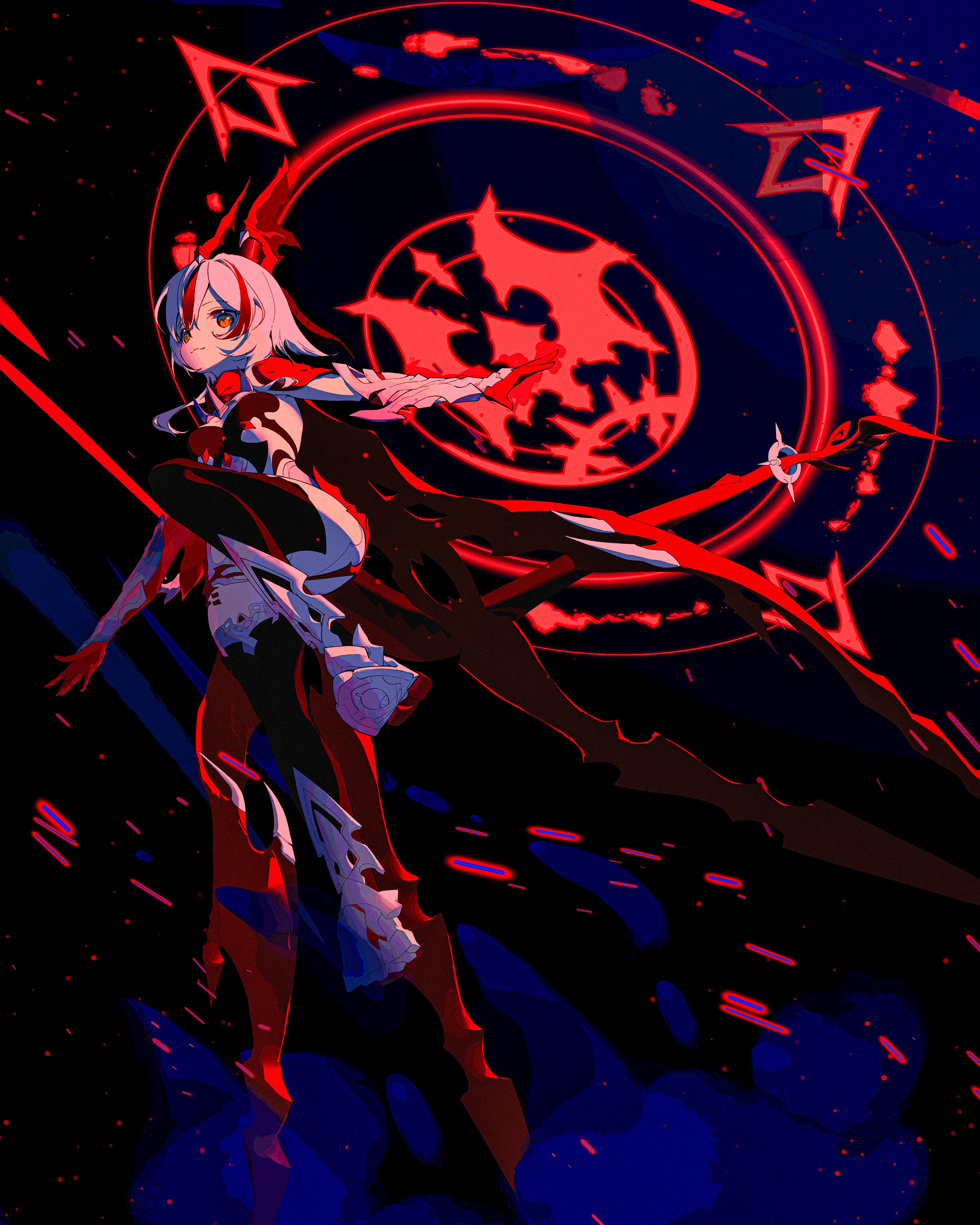 coralie 6626 planck, coralie 6626 planck (behold! fate-defying dragon), honkai (series), honkai impact 3rd, absurdres, highres, second-party source, 1girl, armored boots, boots, breasts, closed mouth, dragon girl, dragon horns, dragon tail, full body, gloves, grey hair, horns, long hair, looking at viewer, midori moi, orange hair, red gloves, shoe soles, small breasts, solo, tail