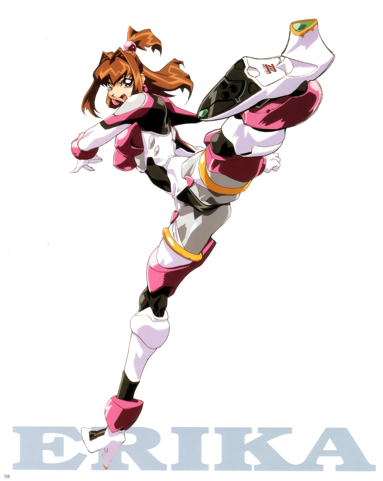 oobari masami, erika tinen, virus buster serge, highres, official art, 1990s (style), 1girl, armor, bodysuit, breasts, brown eyes, brown hair, cameltoe, covered erect nipples, earrings, fang, female focus, hearst, high heels, high kick, jewelry, kicking, large breasts, long hair, open mouth, retro artstyle, shoes, solo
