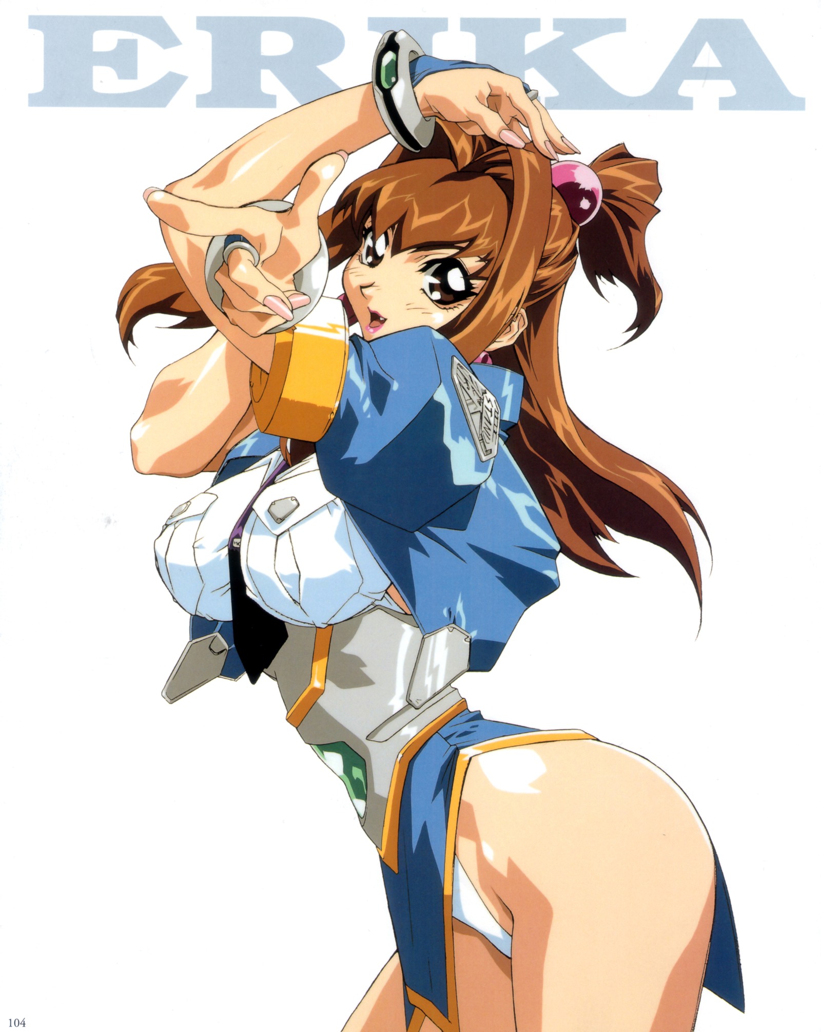 oobari masami, erika tinen, virus buster serge, highres, official art, 1990s (style), 1girl, bent over, bracelet, breasts, bridal gauntlets, brown eyes, brown hair, curvy, female focus, fingernails, jewelry, large breasts, lips, lipstick, long fingernails, long hair, looking at viewer, makeup, nail (hardware), nail polish, necktie, panties, pink nails, pointing, police, police uniform, retro artstyle, smile, solo, underwear, white background, white panties