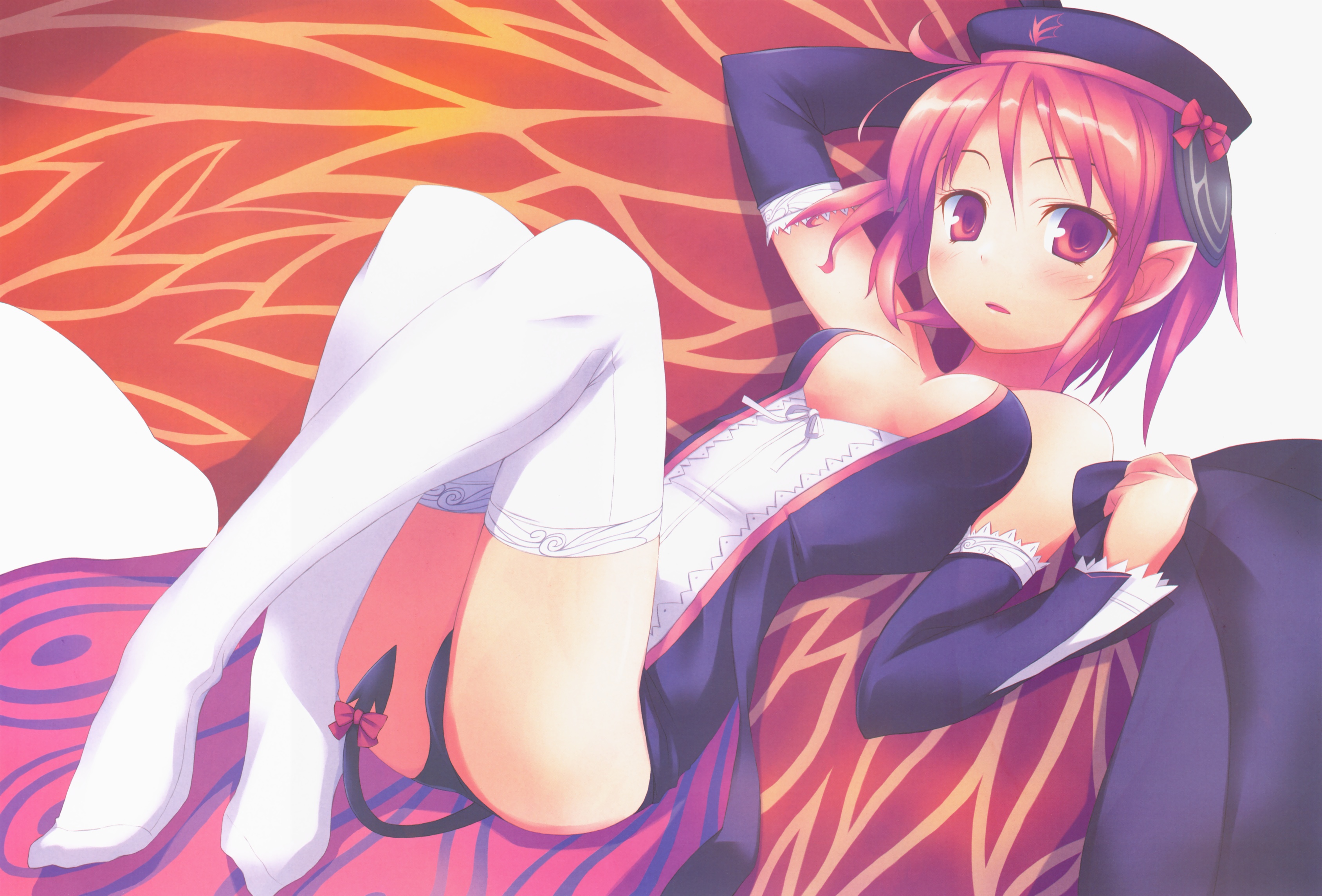 nanakusa, disgaea, girl's avenue, absurdres, highres, 1girl, arm behind head, arm up, breasts, breasts out, demon tail, detached sleeves, female focus, hat, legs, looking at viewer, lying, medium breasts, pinup (style), pointy ears, solo, tail, thighhighs, white thighhighs