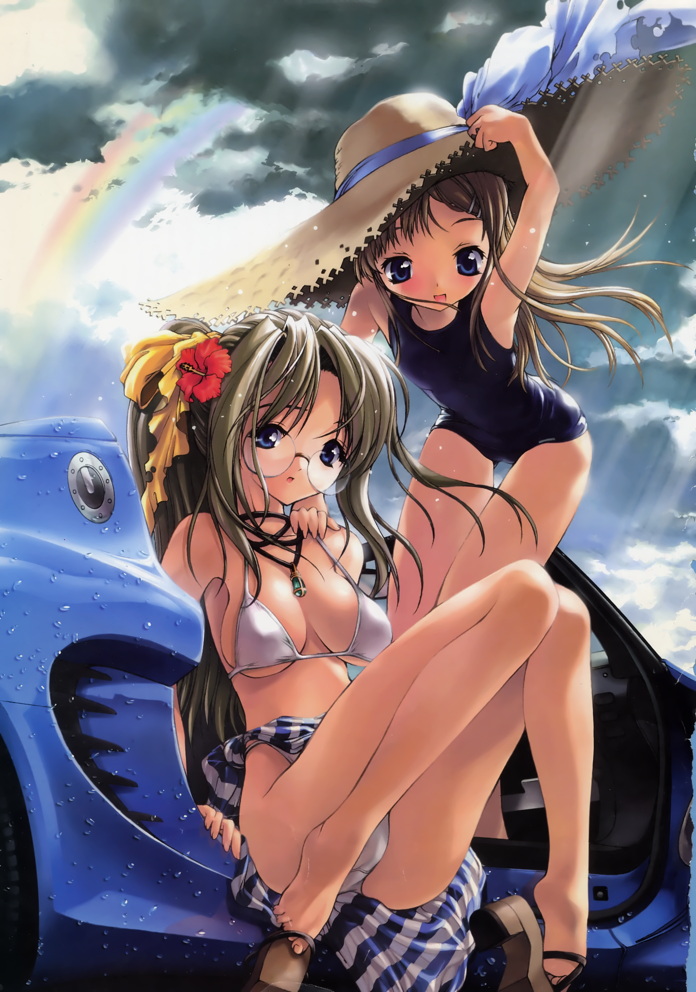 miwa yoshikazu, original, pantyshot (sitting), vehicle, absurdres, highres, 2girls, barefoot, bent over, bikini, blonde hair, blue eyes, breasts, brown hair, car, cleavage, feet, flat chest, flower, glasses, hat, high heels, jewelry, legs, long hair, lotus, motor vehicle, multiple girls, necklace, one-piece swimsuit, panties, pantyshot, ponytail, rainbow, school swimsuit, shoe dangle, shoes, sitting, sky, straw hat, swimsuit, underwear