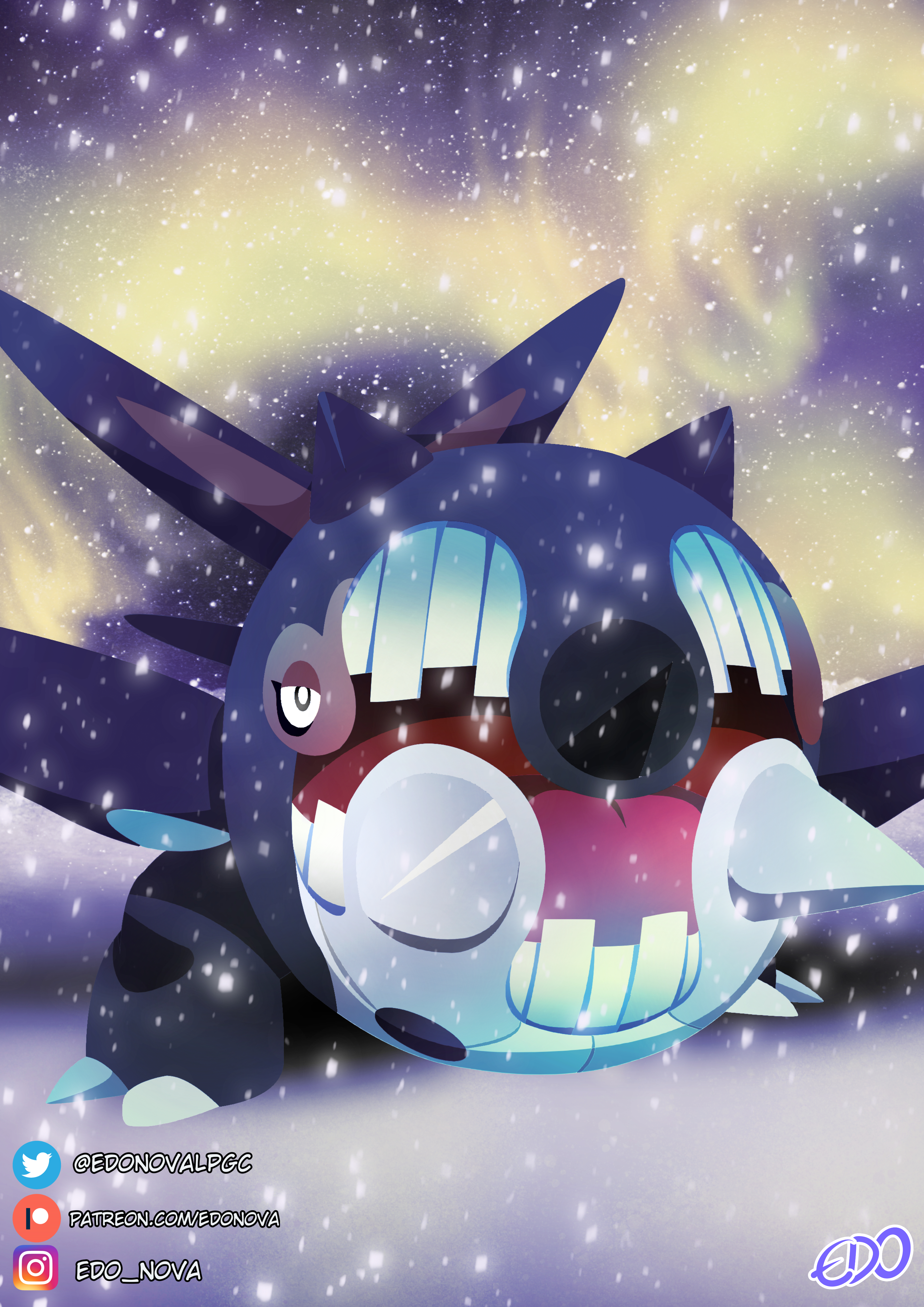 edo nova, cetitan, nintendo, pokemon, absurdres, clip studio paint (medium), commentary request, highres, procreate (medium), artist name, instagram logo, instagram username, no humans, open mouth, patreon logo, patreon username, pokemon (creature), pokemon focus, snowing, solo, spanish commentary, twitter logo, twitter username, watermark, web address